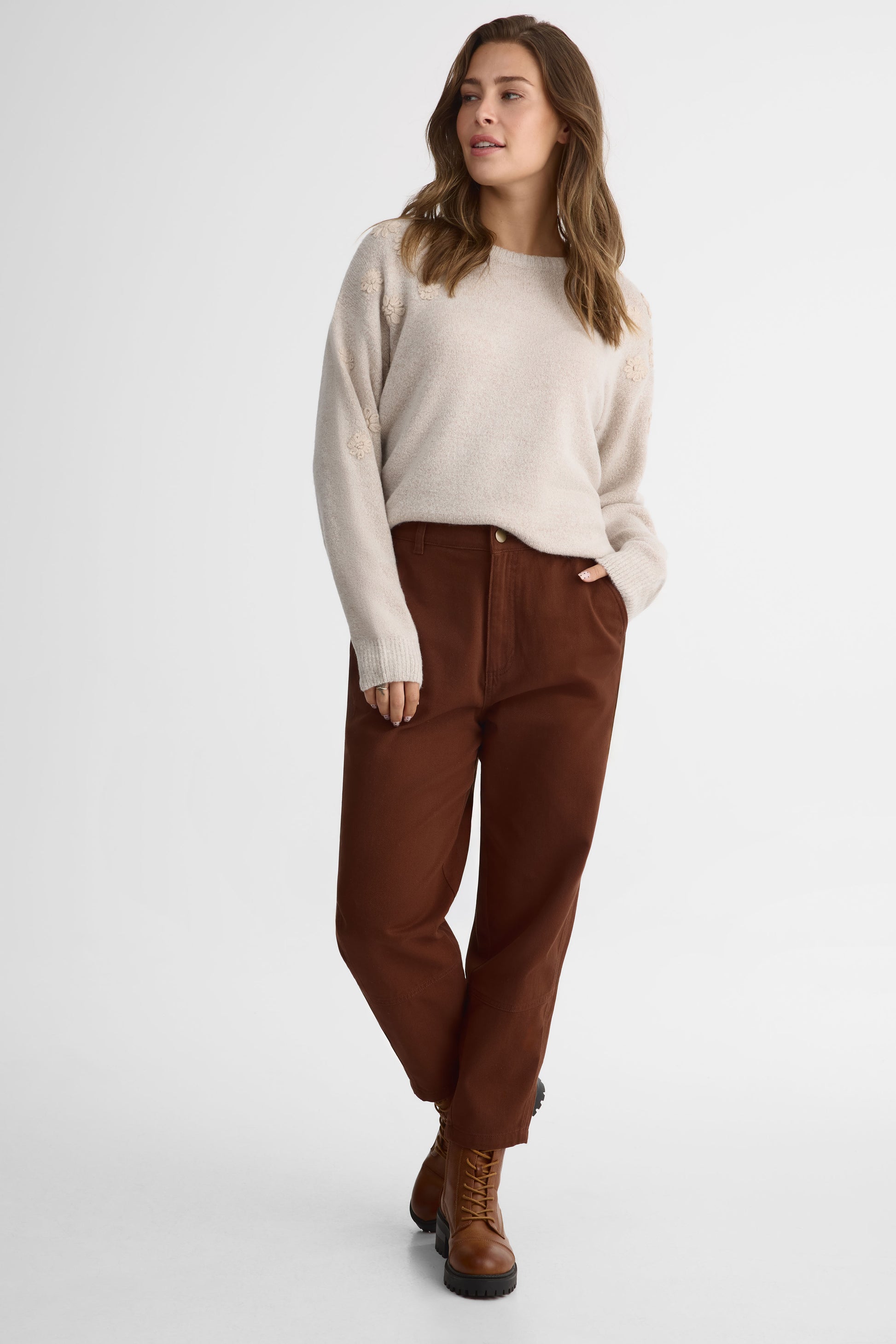 Pantalon cropped taille haute en twill - Femme && BRUN