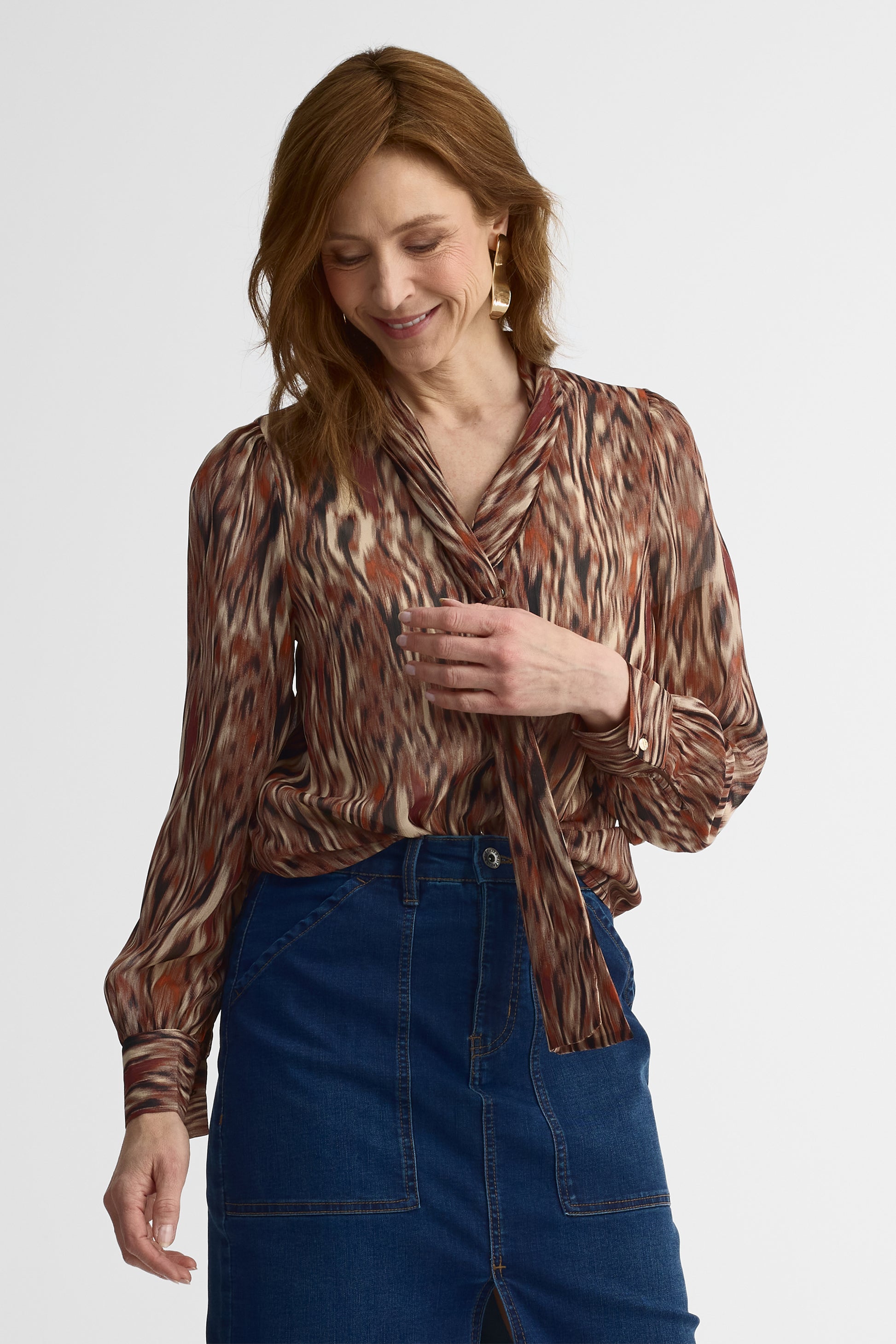 Blouse M/longues V-neck en chiffon - Femme && BEIGE/MULTI