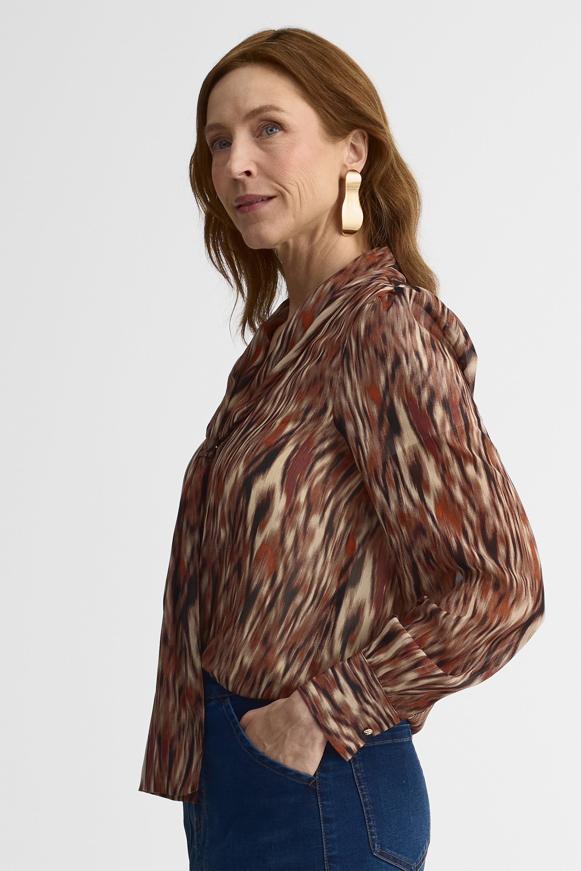 Blouse M/longues V-neck en chiffon - Femme && BEIGE/MULTI