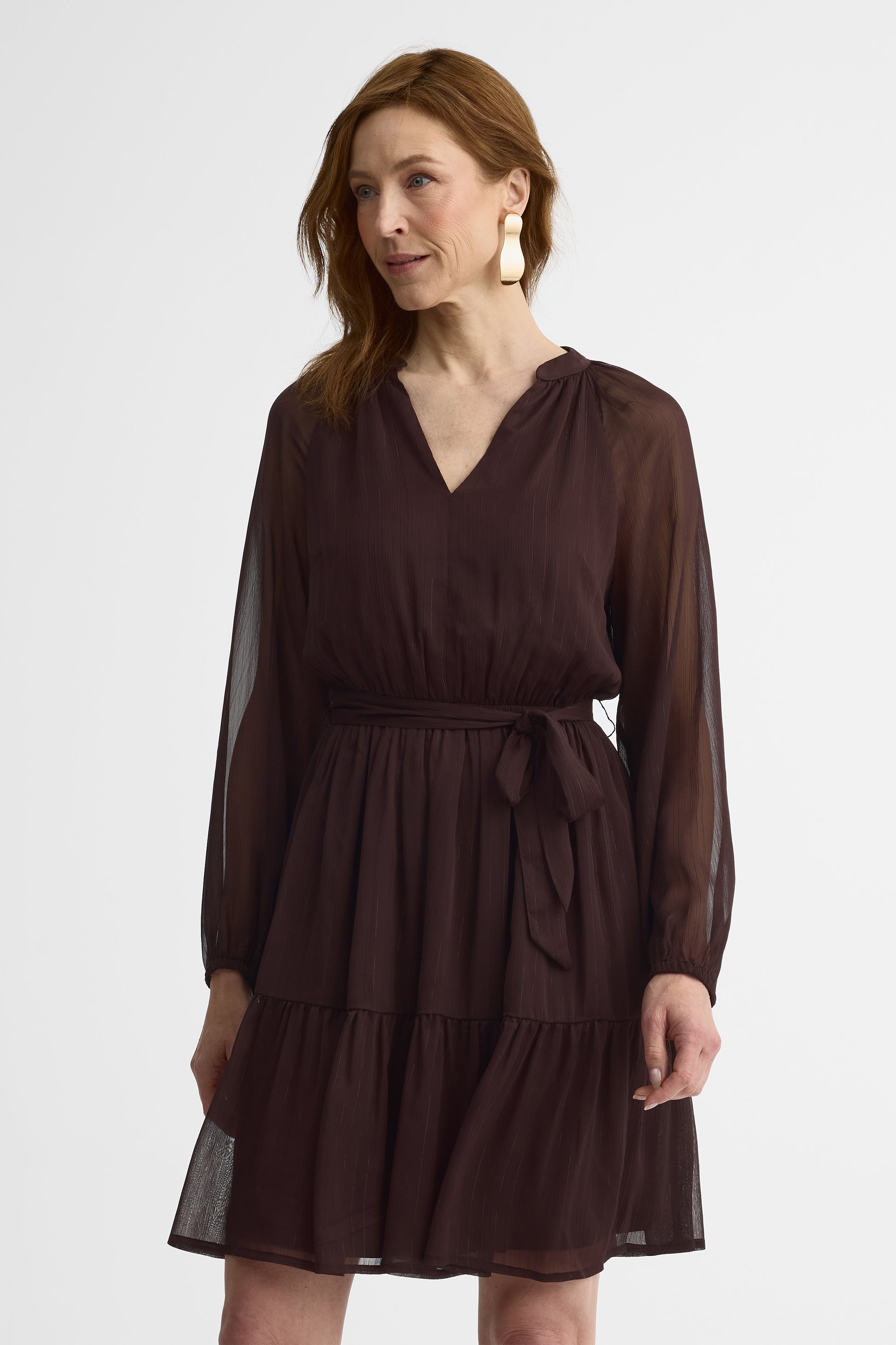 Robe midi col en V semi-ajustée - Femme && PRUNE