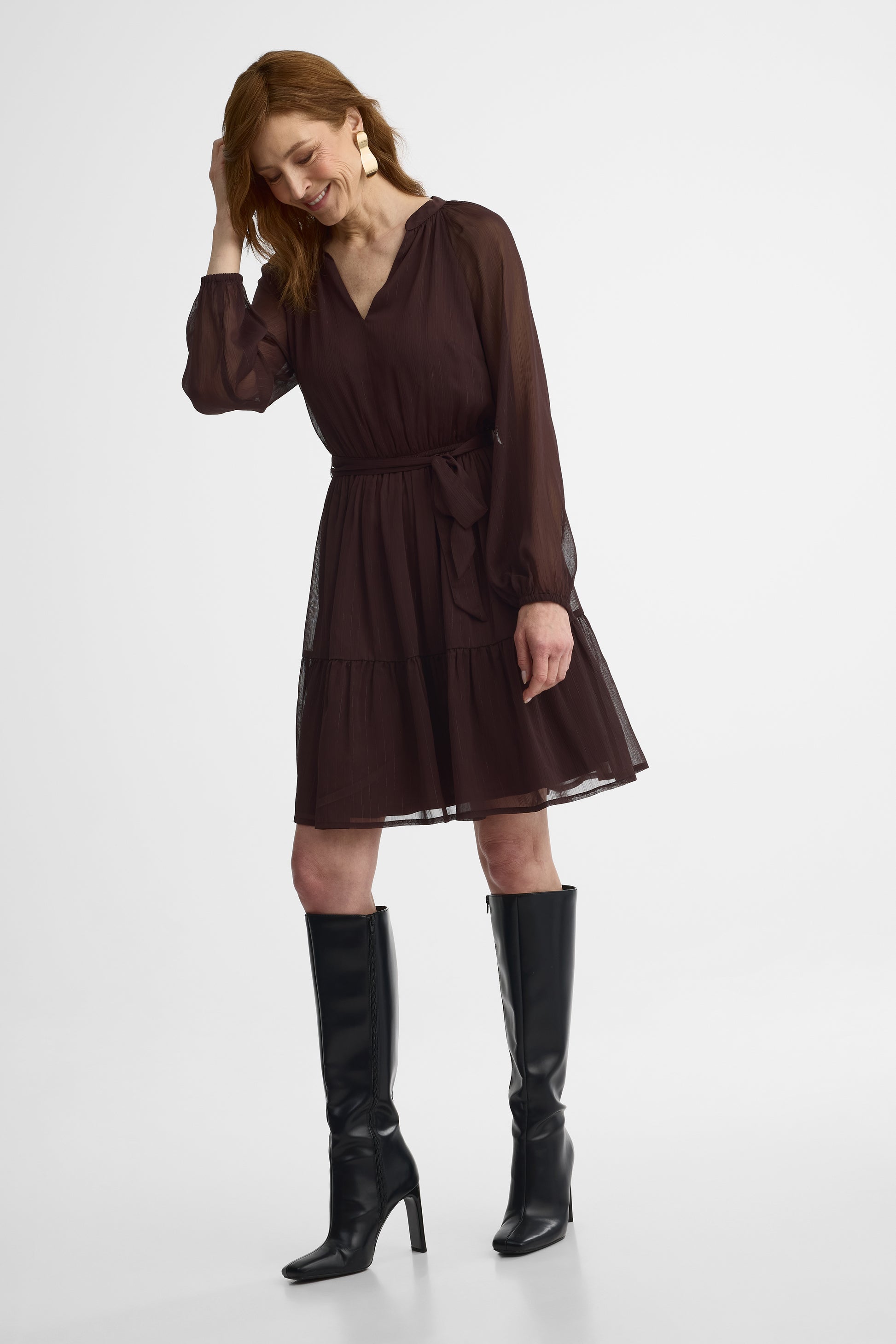 Robe midi col en V semi-ajustée - Femme && PRUNE