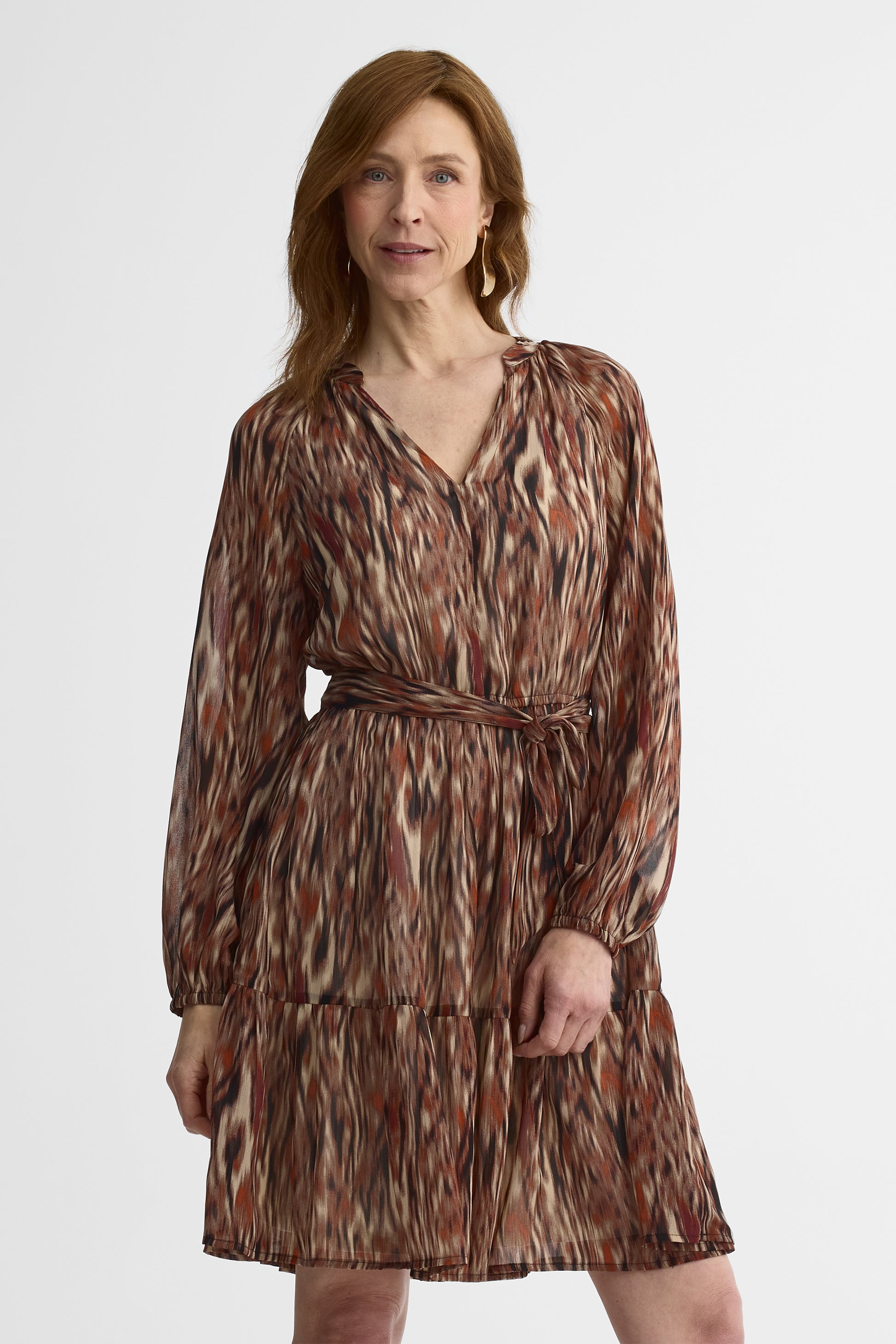 Robe midi col en V semi-ajustée - Femme && BEIGE/MULTI