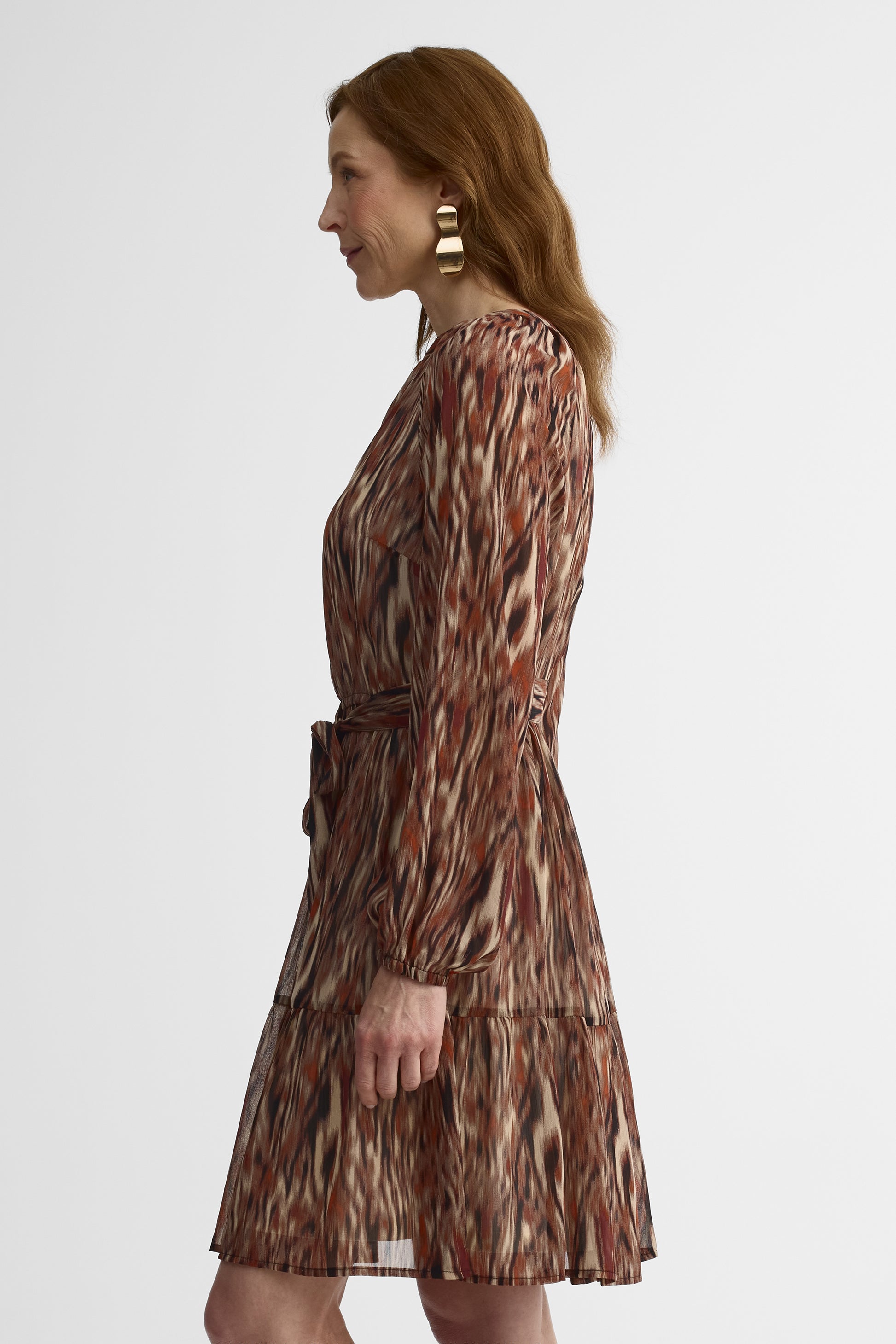 Robe midi col en V semi-ajustée - Femme && BEIGE/MULTI