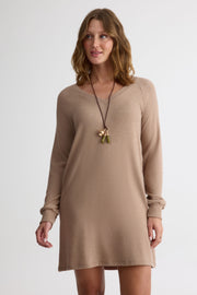 Robe M/longues col V en tricot doux - Femme && TAUPE
