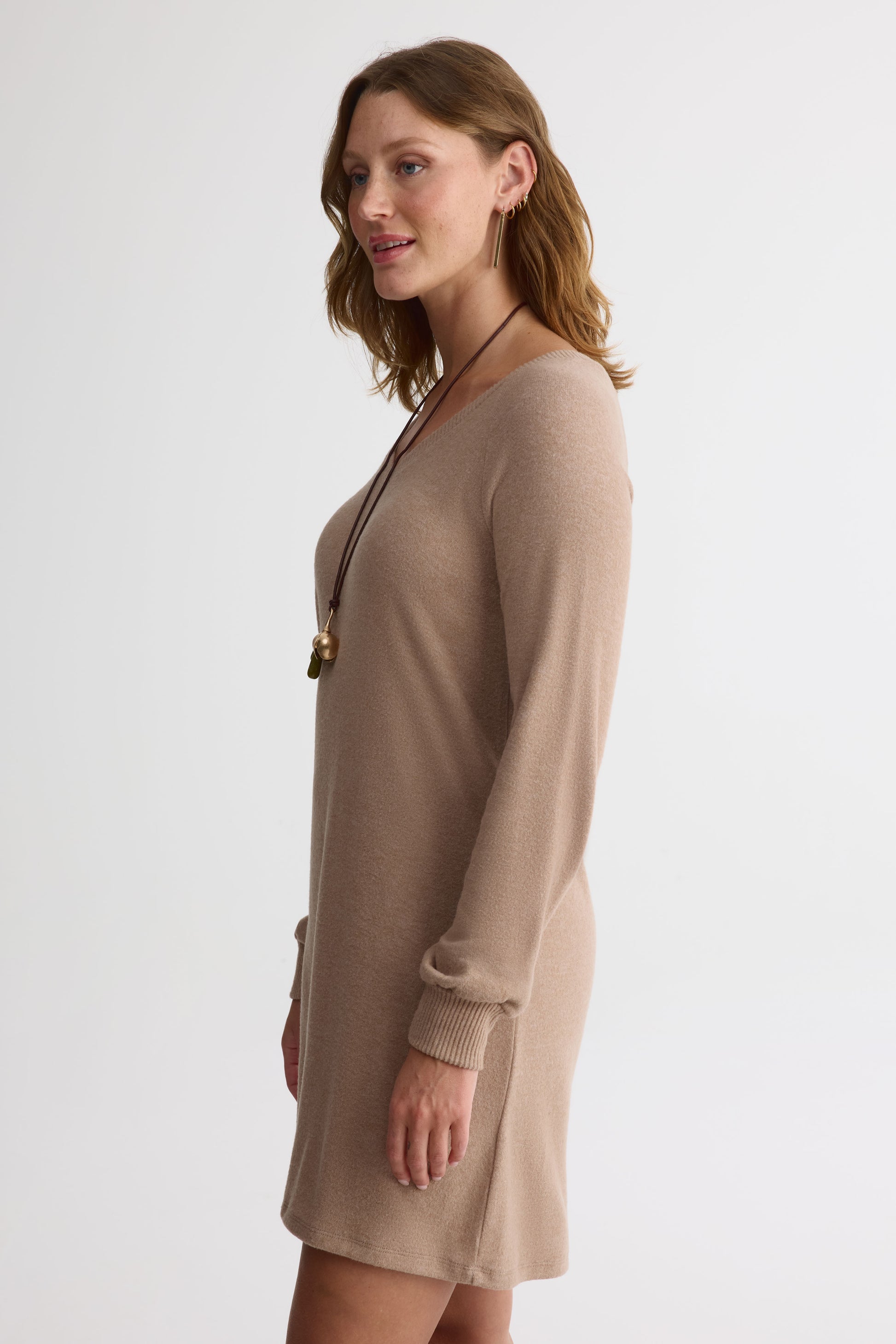 Robe M/longues col V en tricot doux - Femme && TAUPE