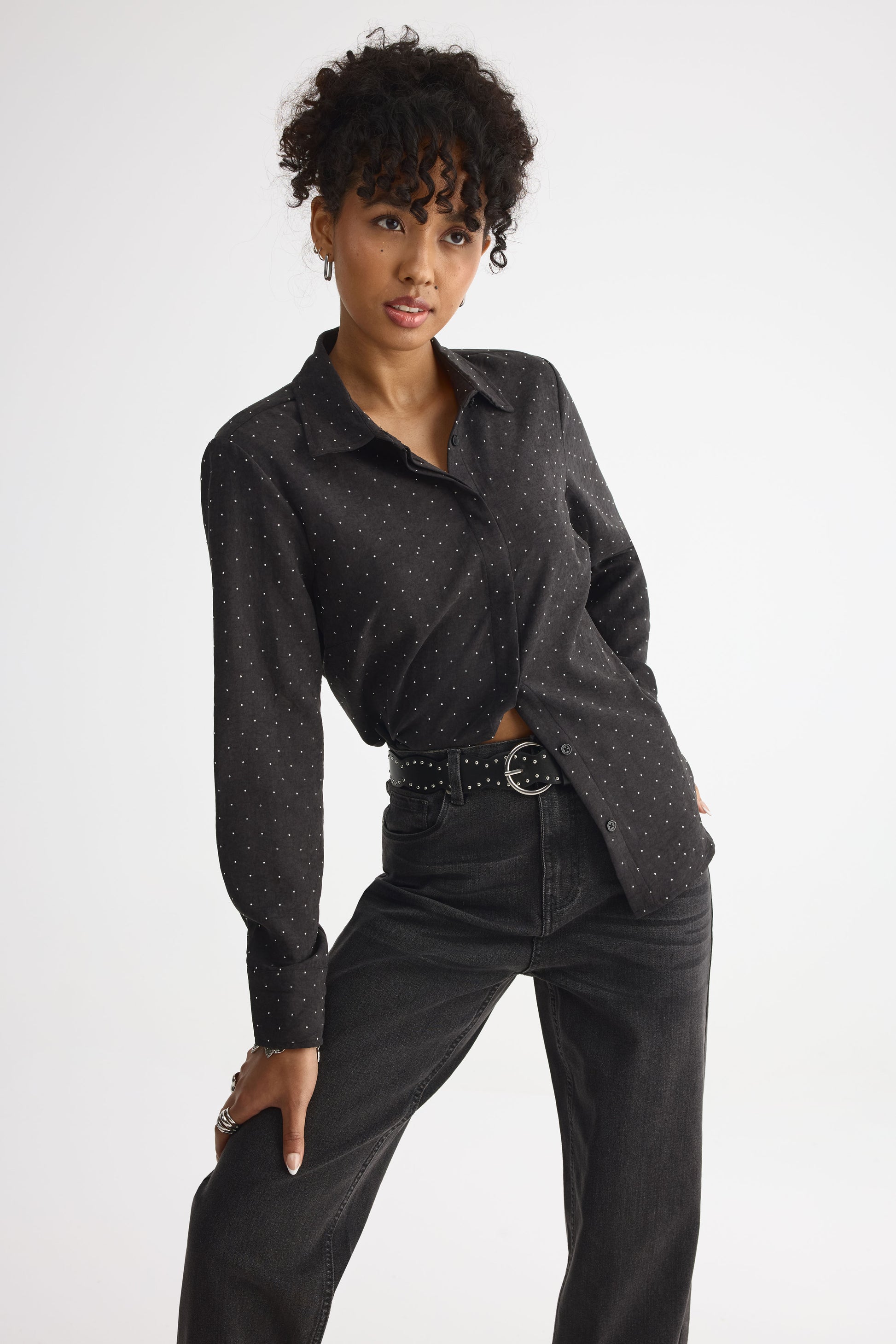 Chemisier semi-ajusté avec rhinestones - Femme && NOIR/MULTI