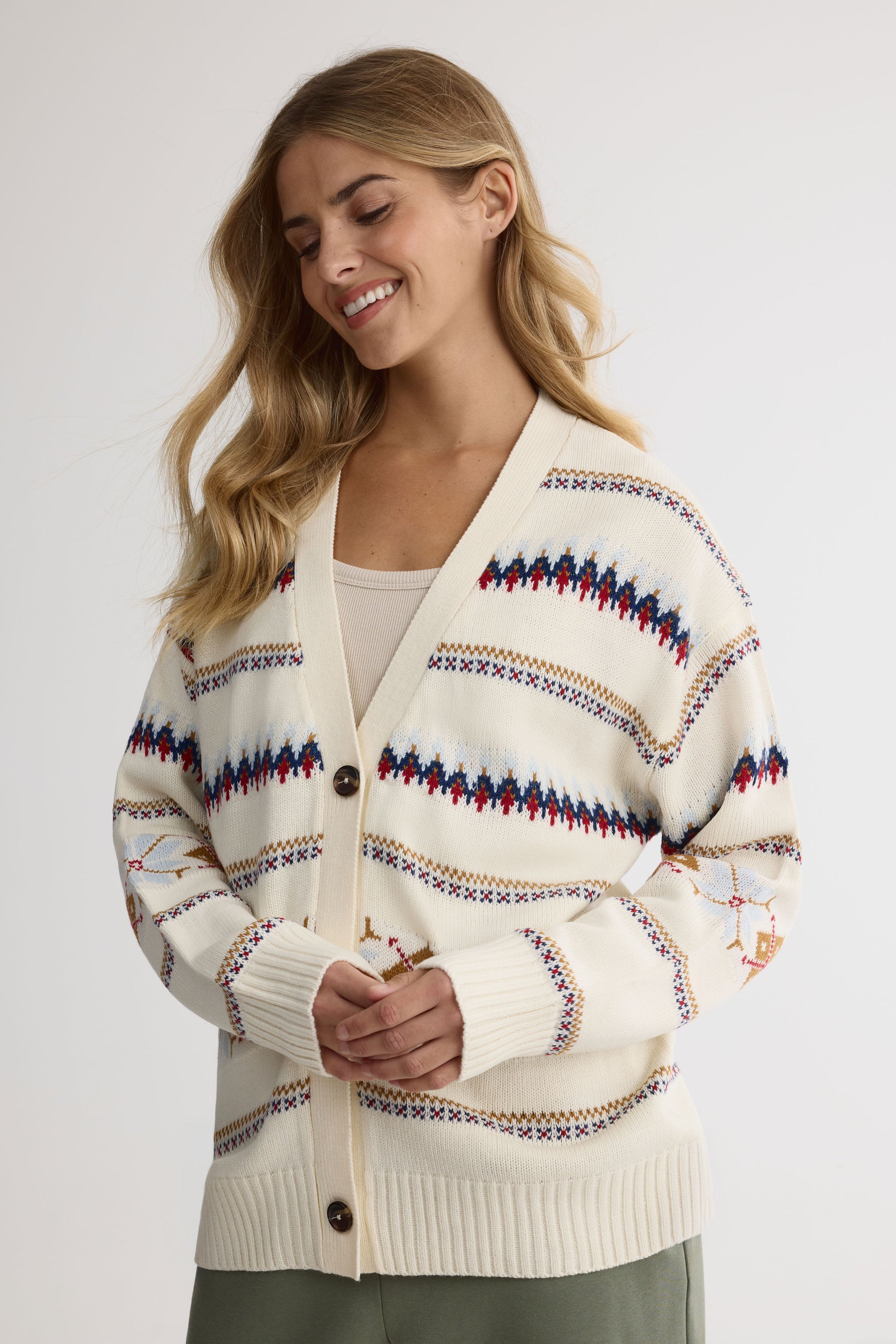 Cardigan long boxy en tricot doux – Femme && BLANC CASSÉ/MULTI