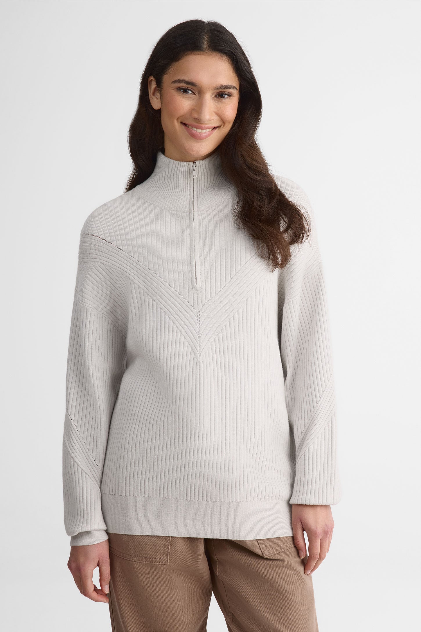 Chandail boxy col montant à zip - Femme && GRIS MIXTE