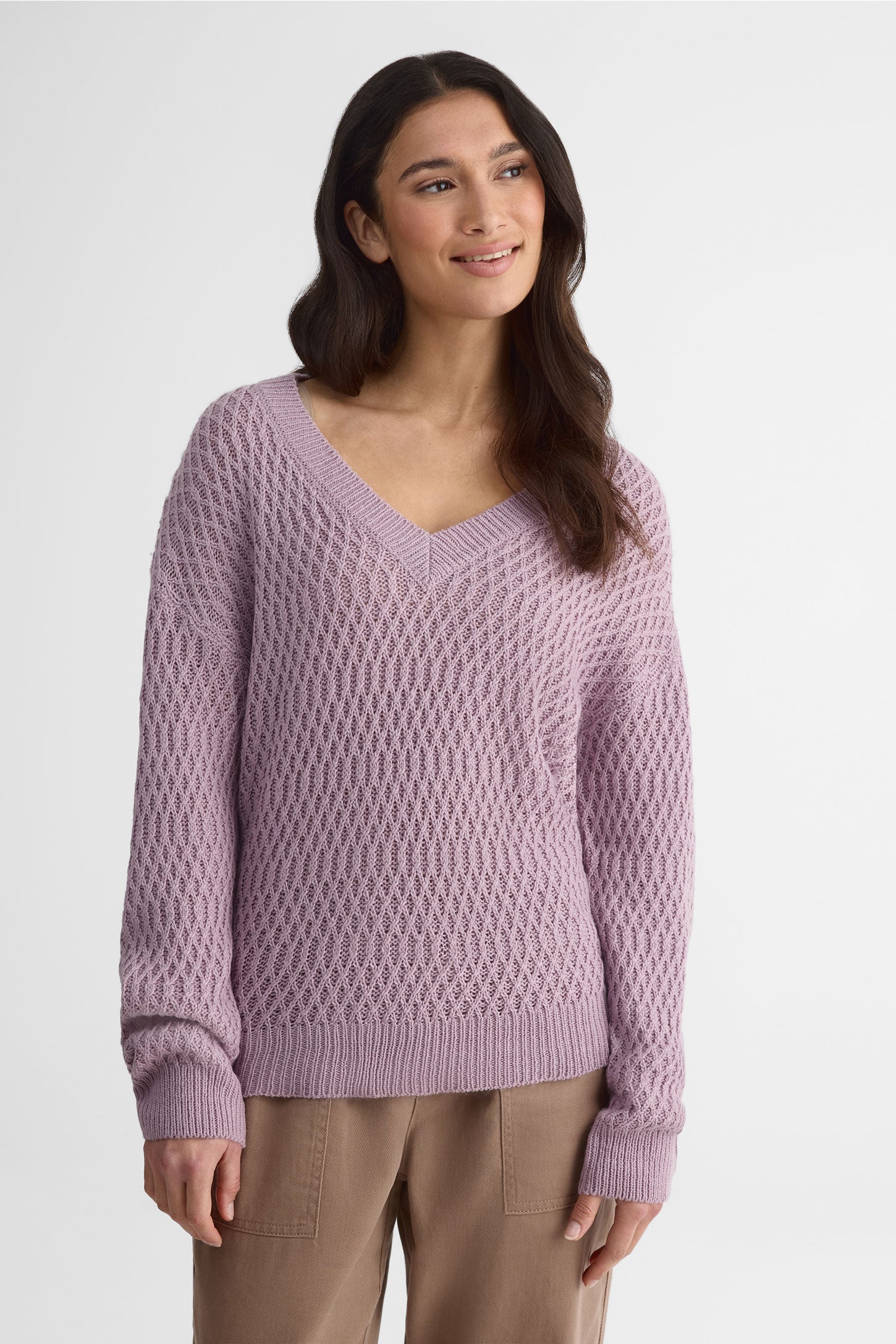 Chandail tricot col V, manches longues – Femme && MAUVE