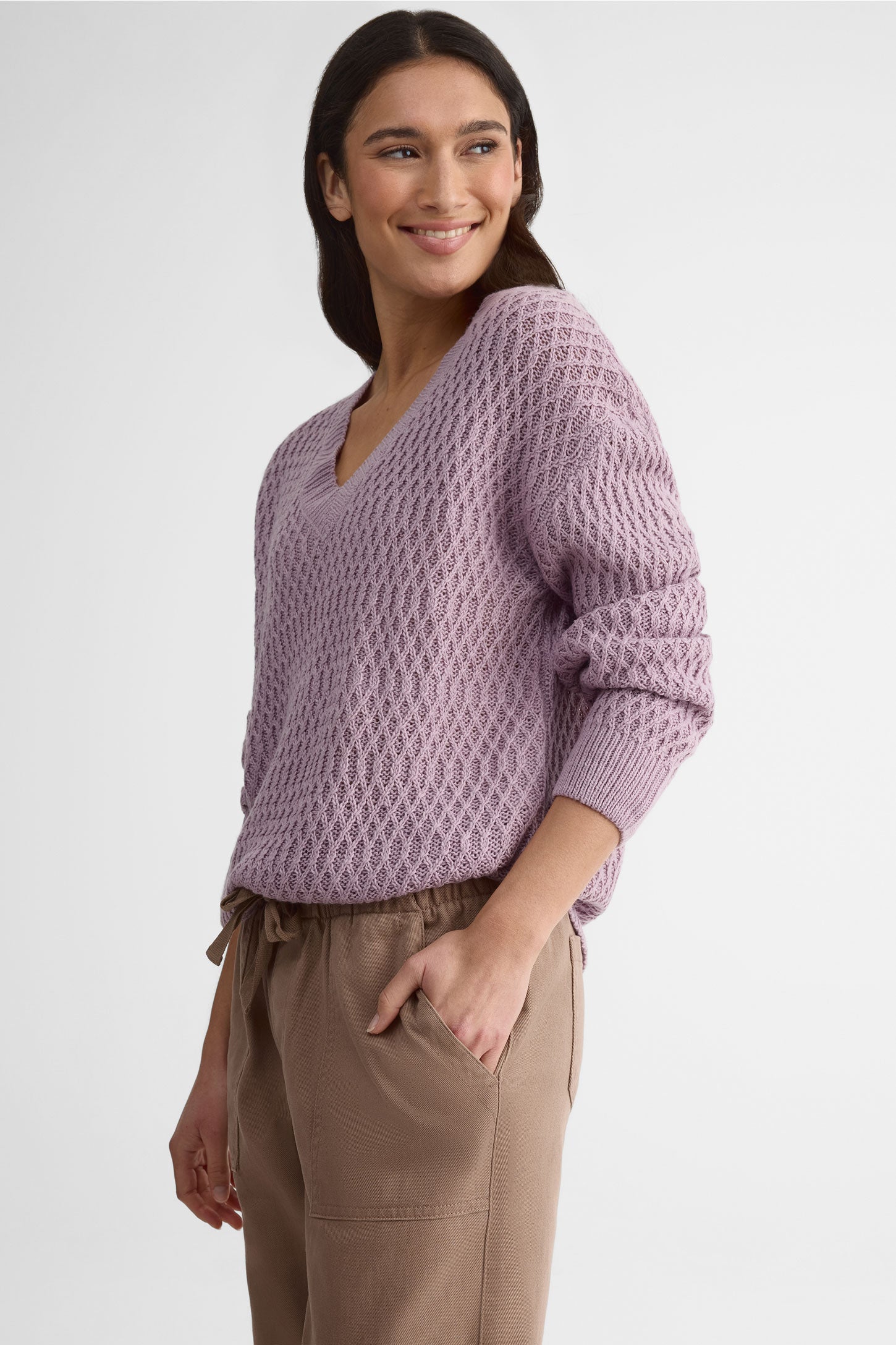 Chandail tricot col V, manches longues – Femme && MAUVE