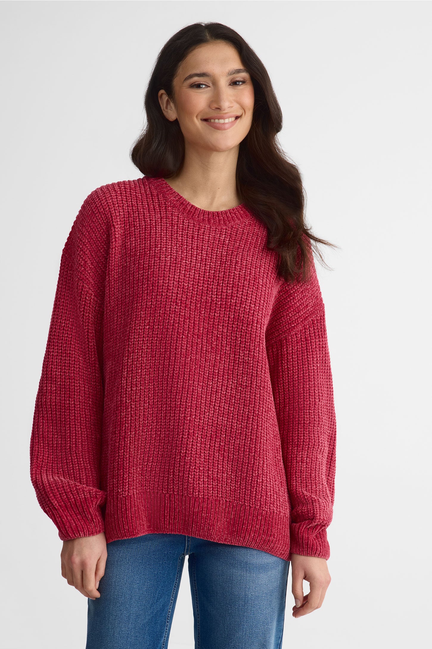Chandail tricot chenille col rond – Femme && ROUGE