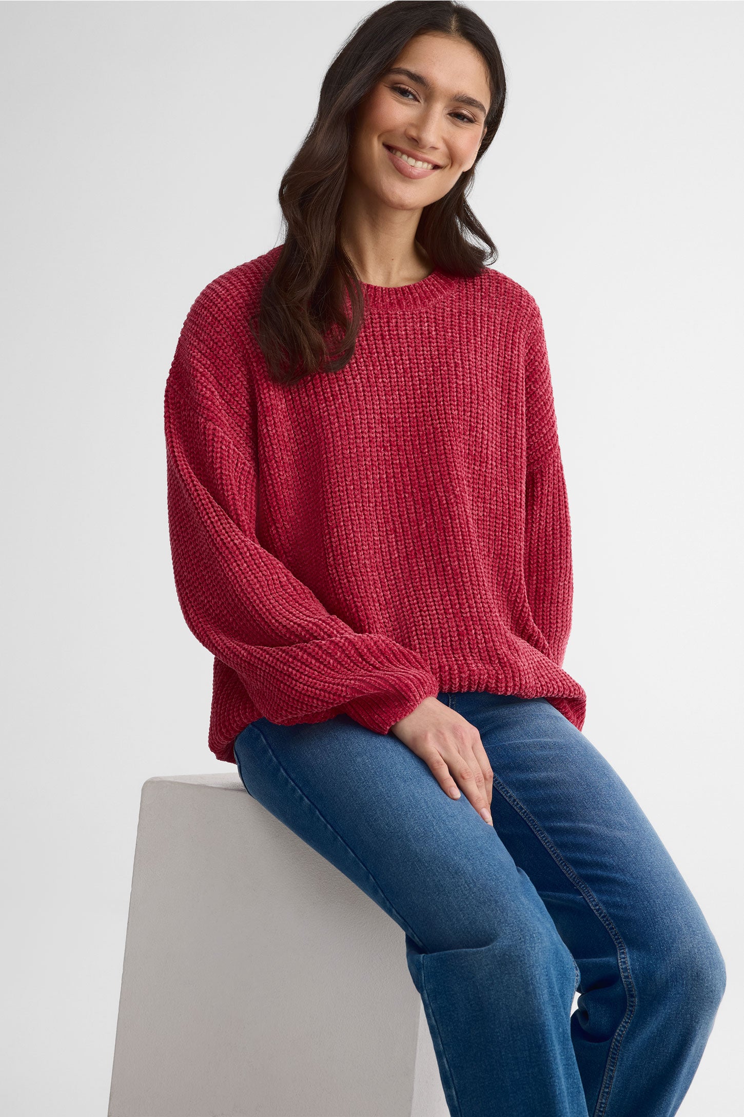 Chandail tricot chenille col rond – Femme && ROUGE