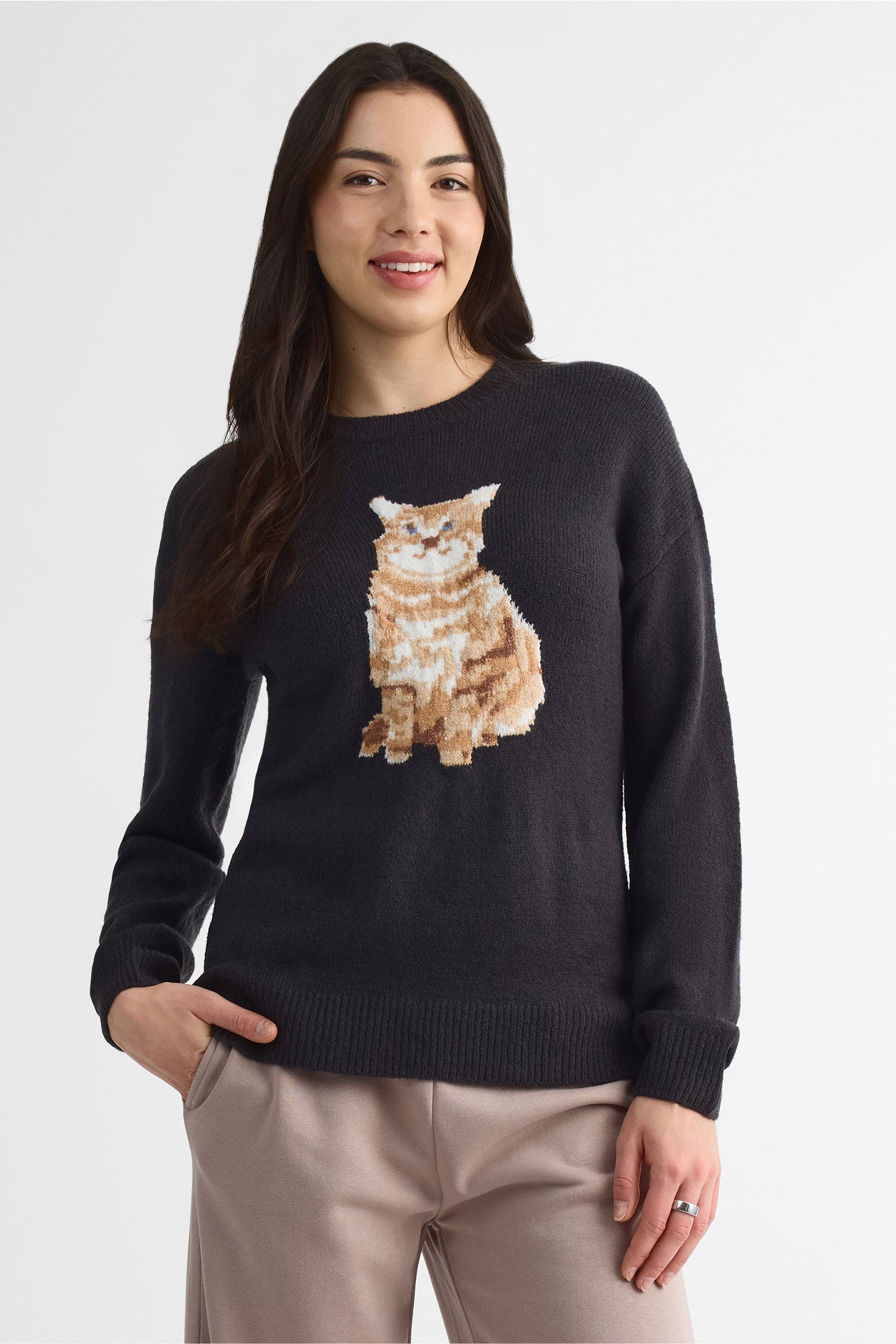 Chandail tricot uni à manches longues – Femme && CHARBON MIXTE