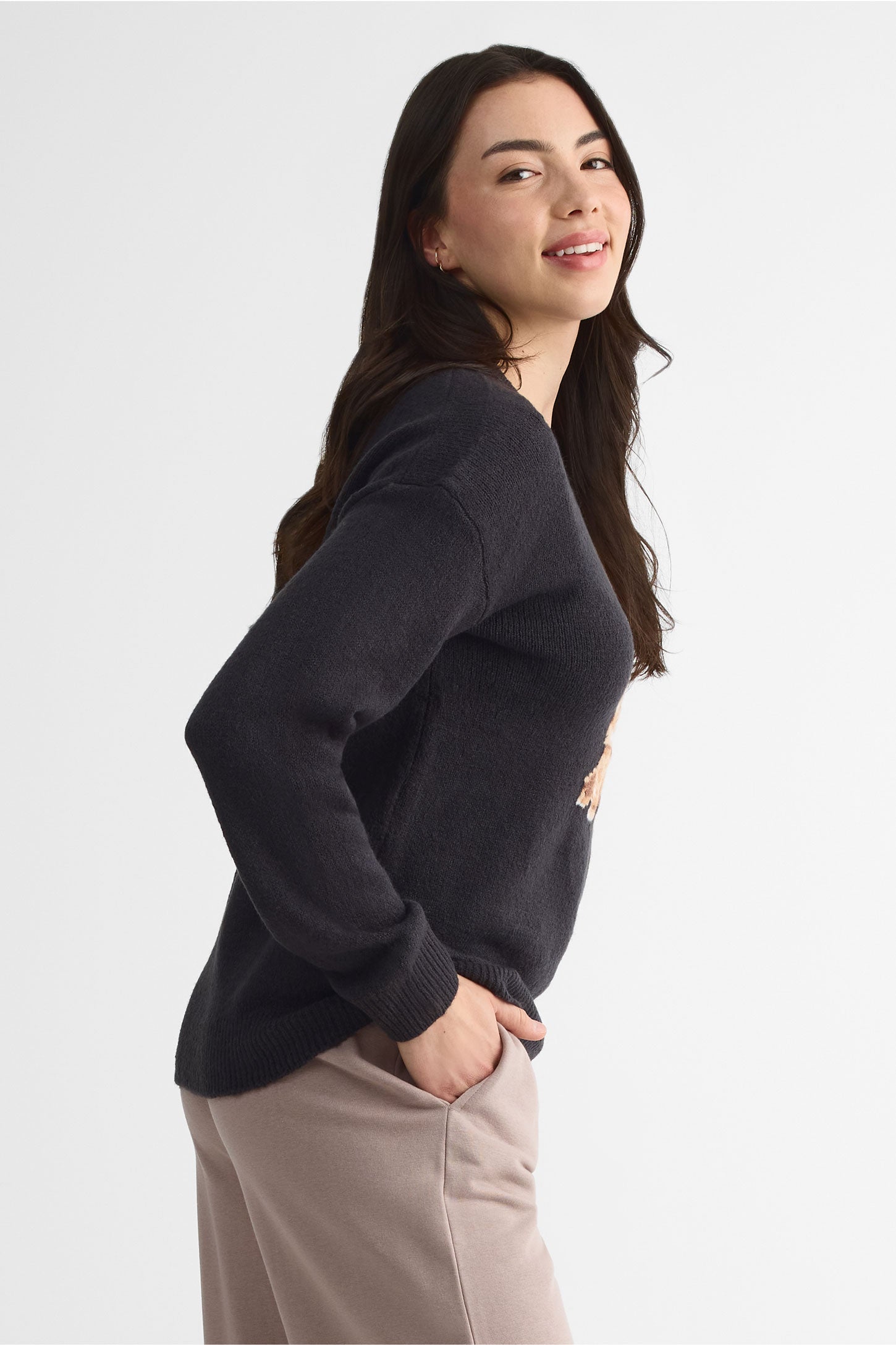 Chandail tricot uni à manches longues – Femme && CHARBON MIXTE