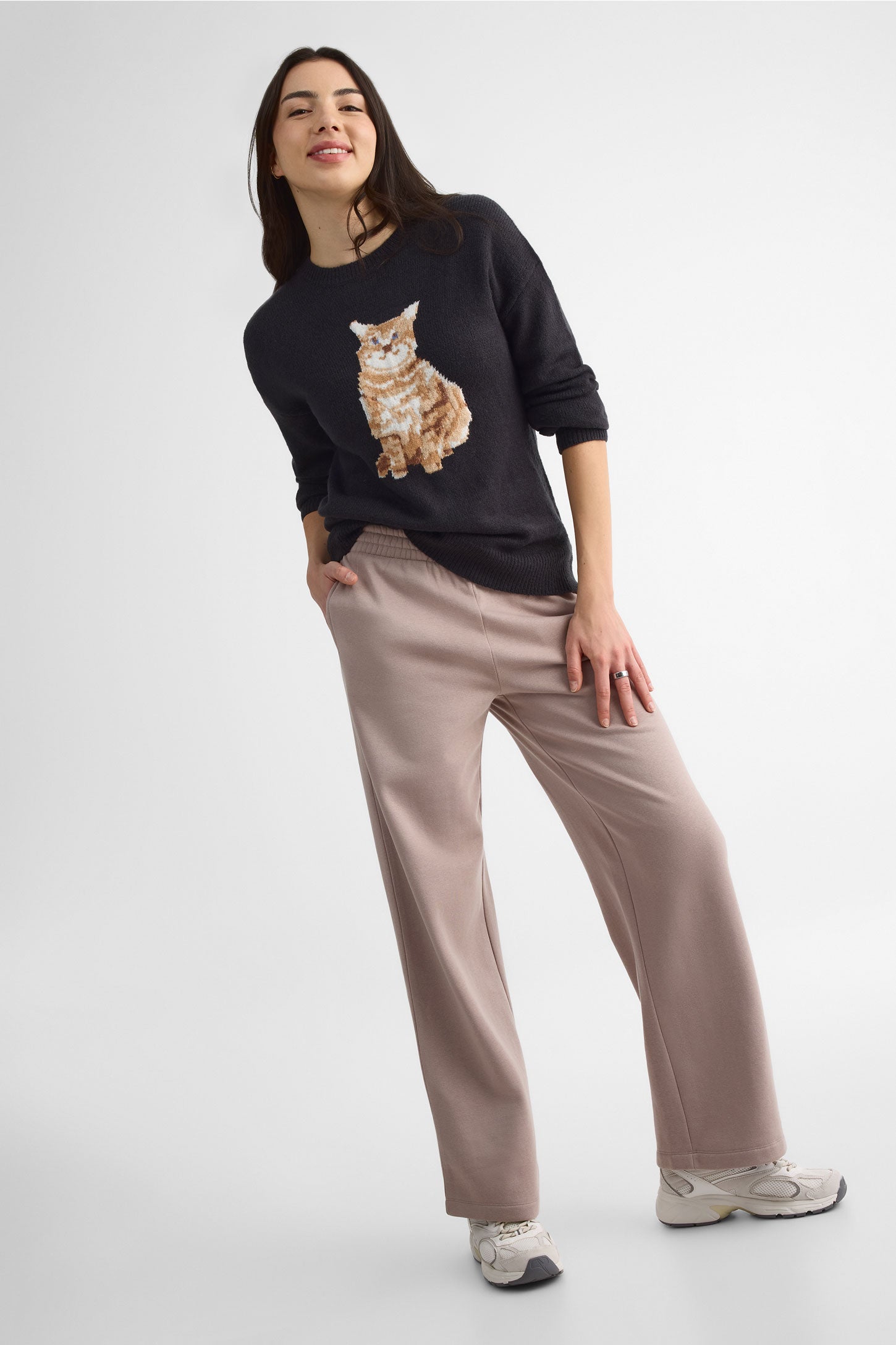 Chandail tricot uni à manches longues – Femme && CHARBON MIXTE