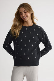 Chandail tricot col rond en jacquard – Femme && CHARBON/MULTI