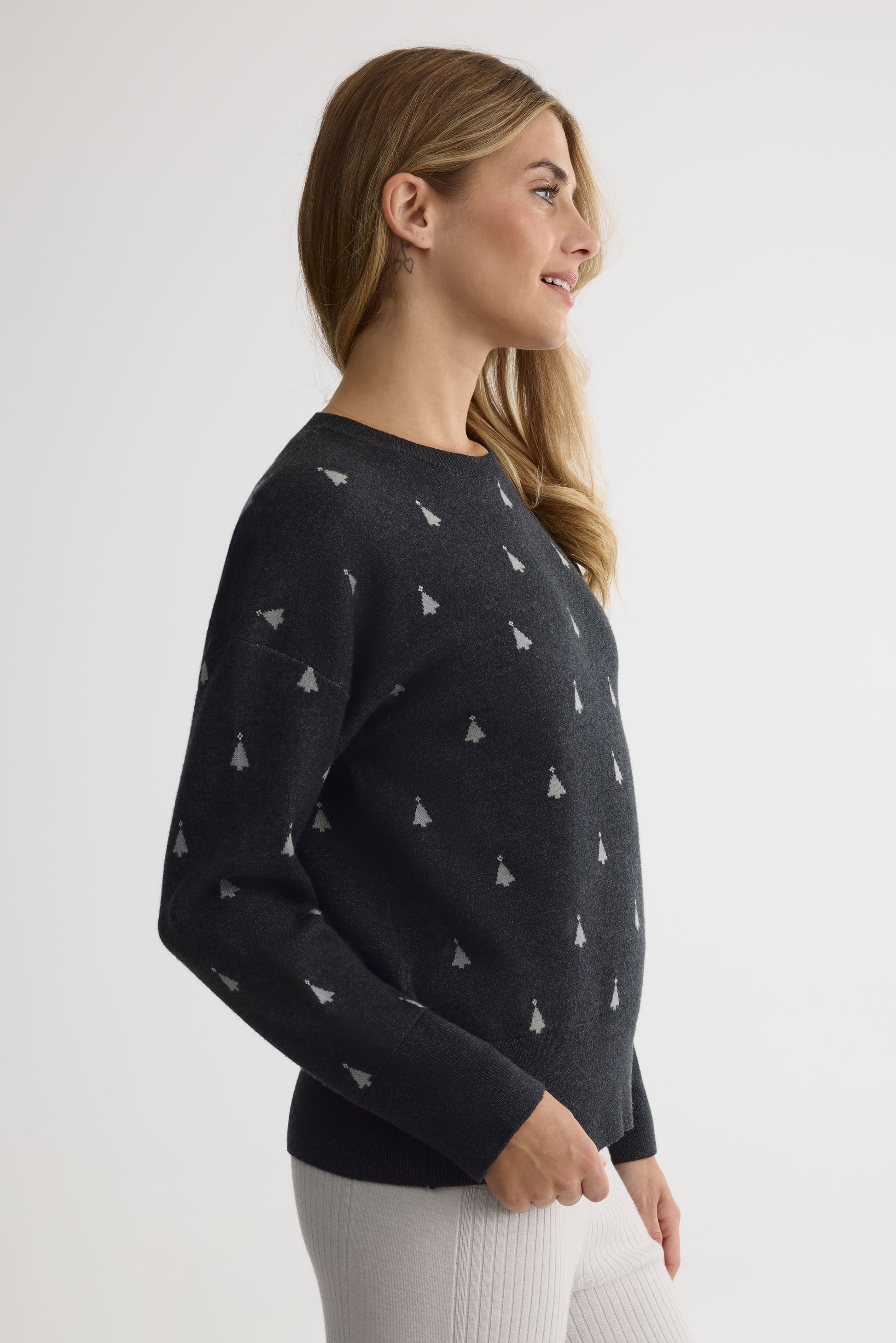 Chandail tricot col rond en jacquard – Femme && CHARBON/MULTI