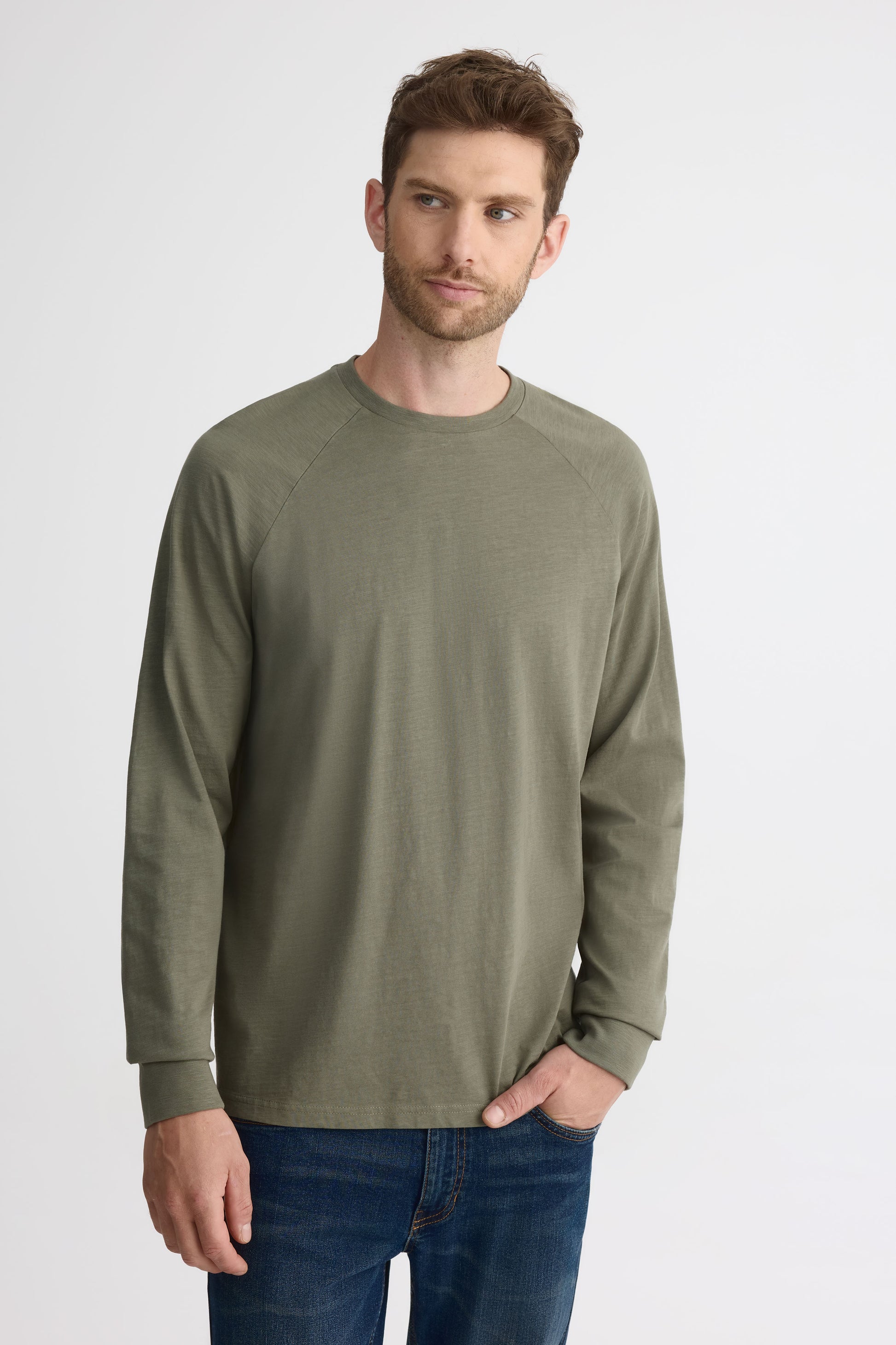 Chandail à manches longues en coton uni – Homme && KAKI