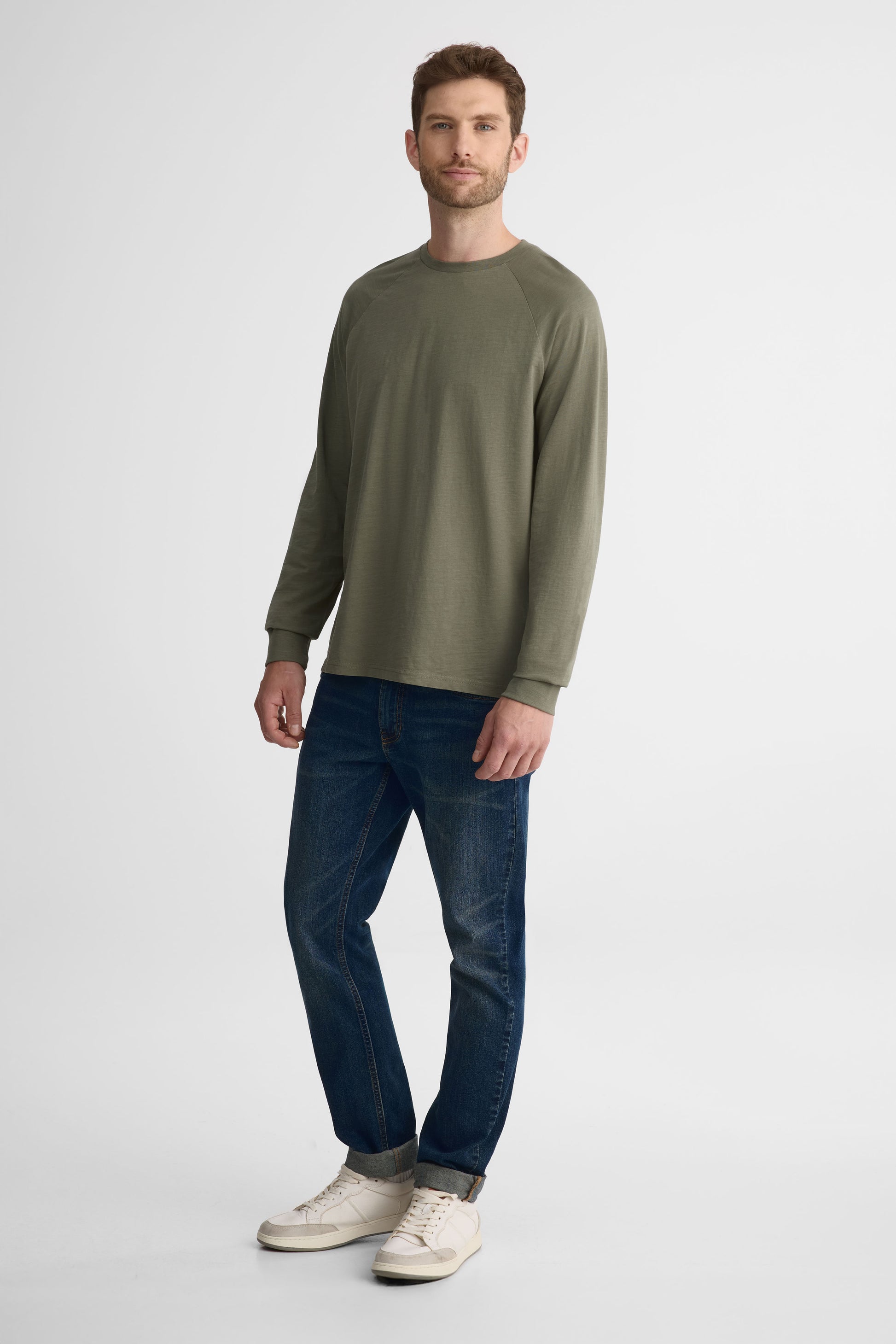 Chandail à manches longues en coton uni – Homme && KAKI