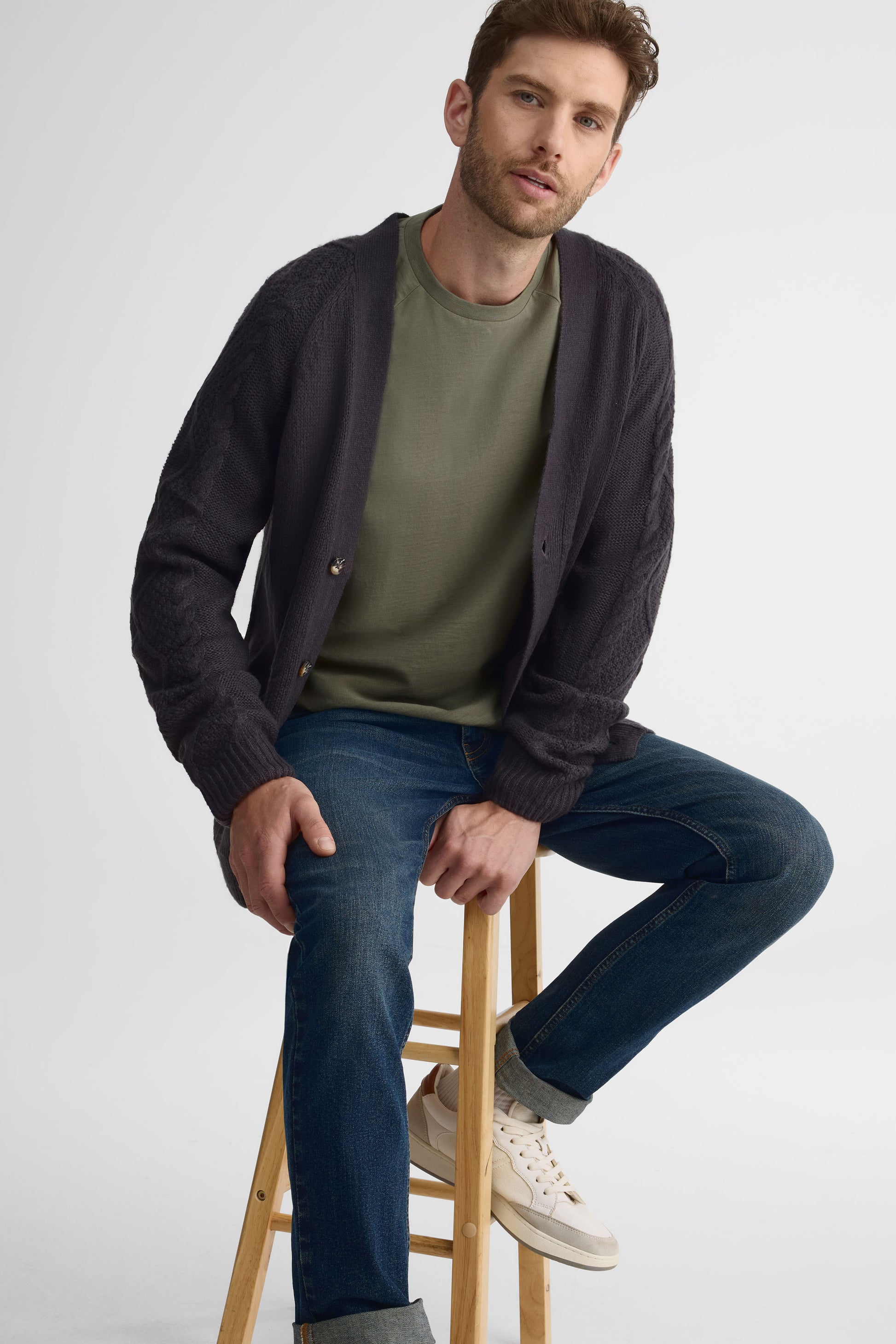 Chandail à manches longues en coton uni – Homme && KAKI