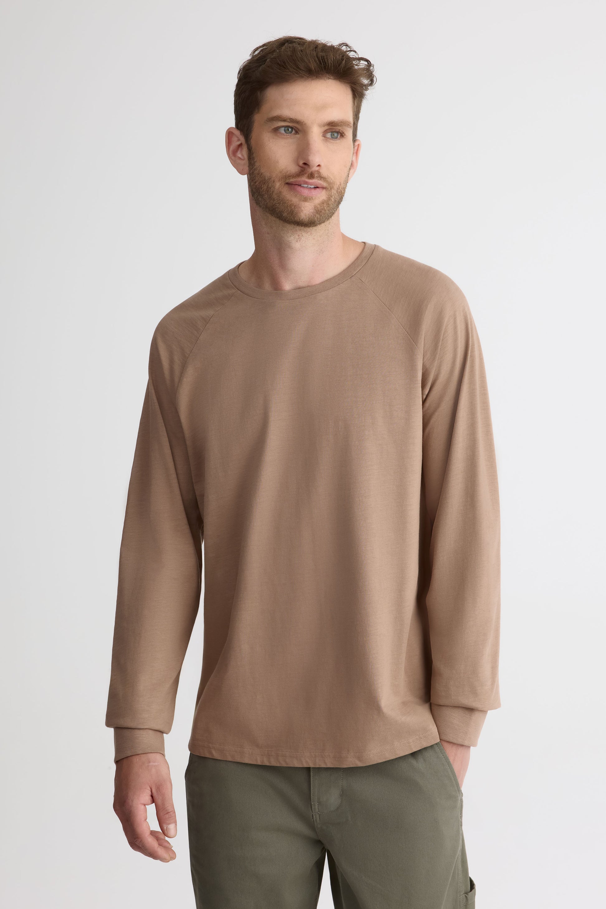 Chandail à manches longues en coton uni – Homme && TAUPE