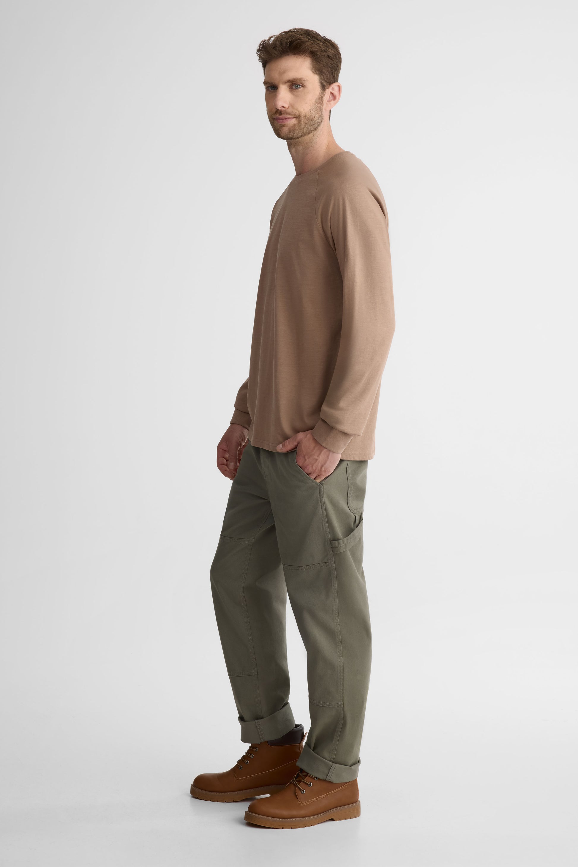 Chandail à manches longues en coton uni – Homme && TAUPE