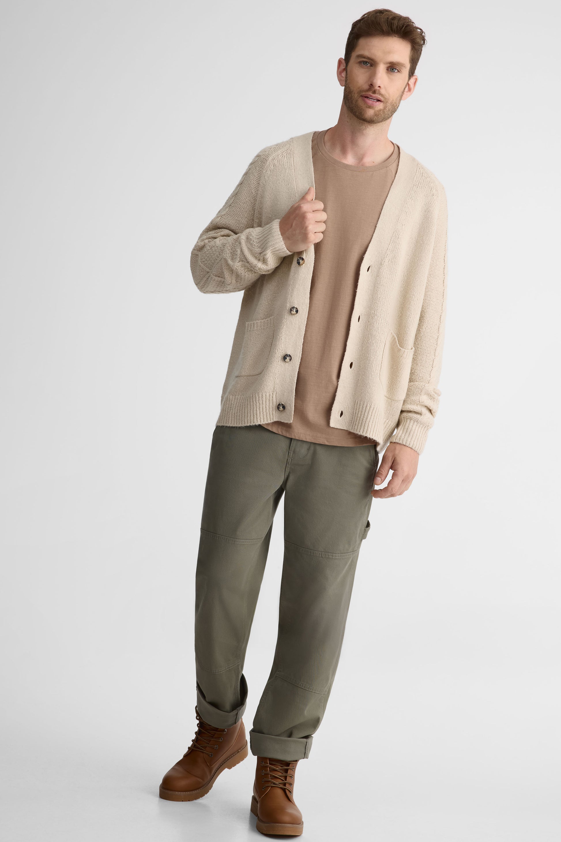 Chandail à manches longues en coton uni – Homme && TAUPE