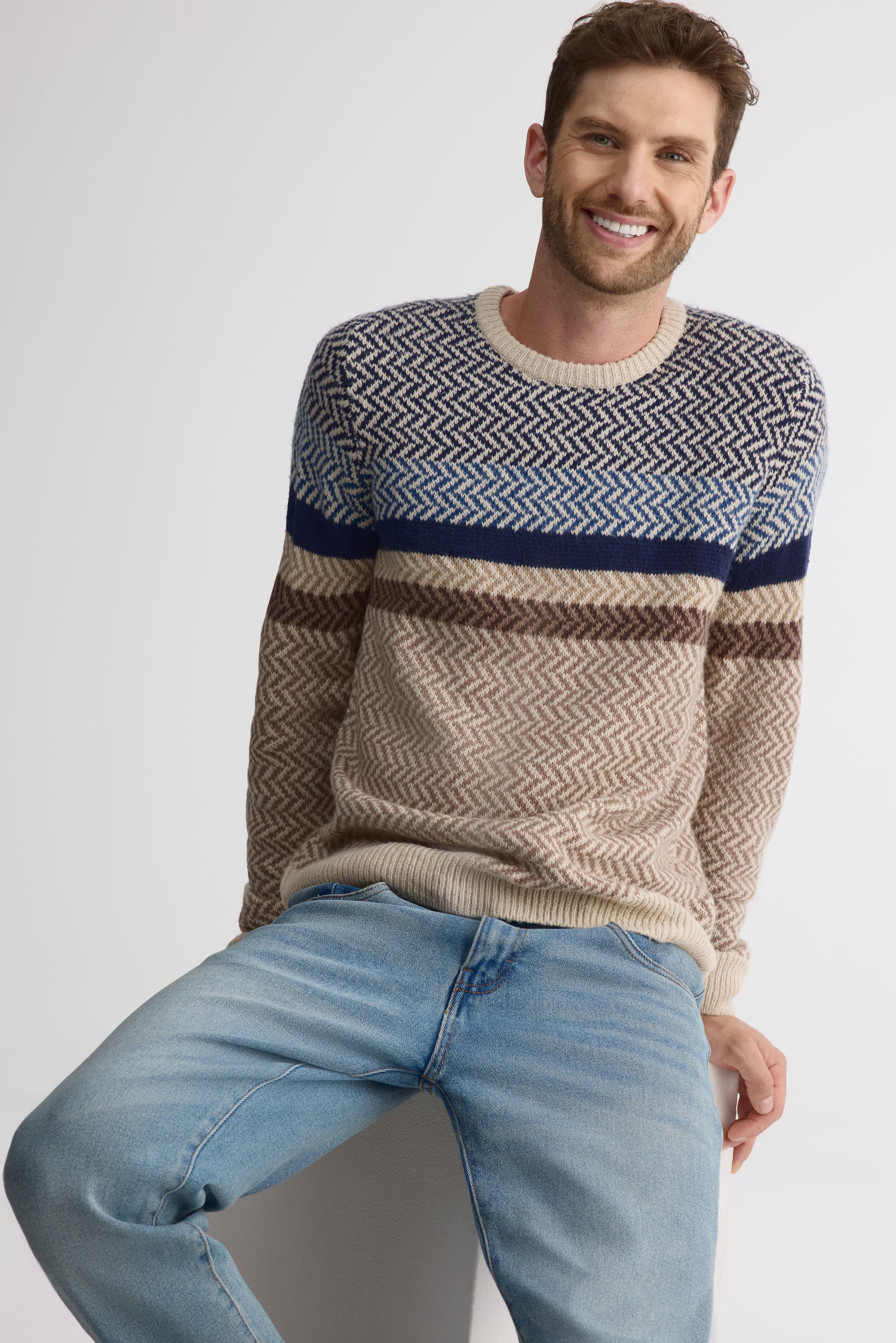 Chandail tricot rayé à manches longues - Homme && OATMEAL
