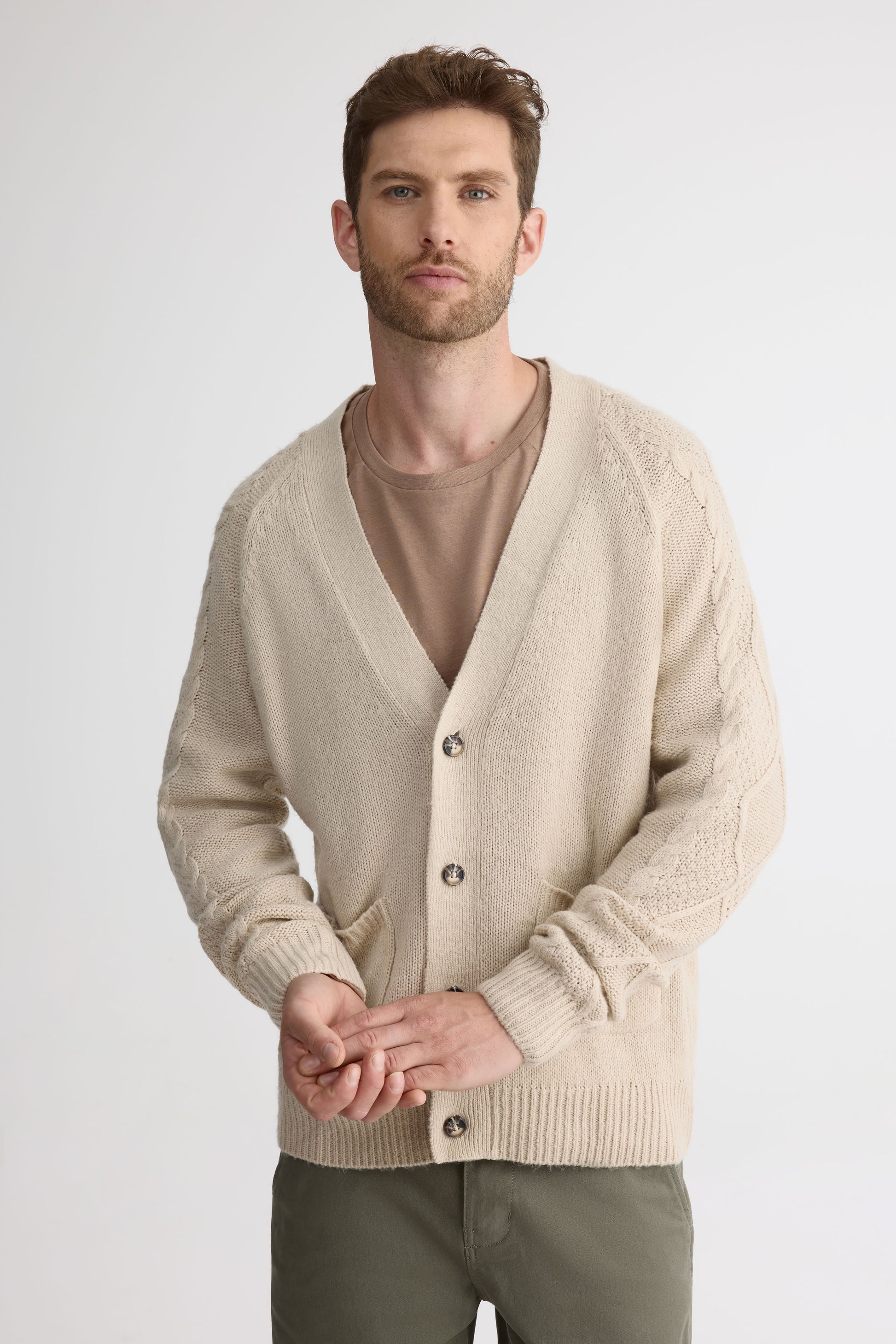 Cardigan tricot à manches longues – Homme && OATMEAL