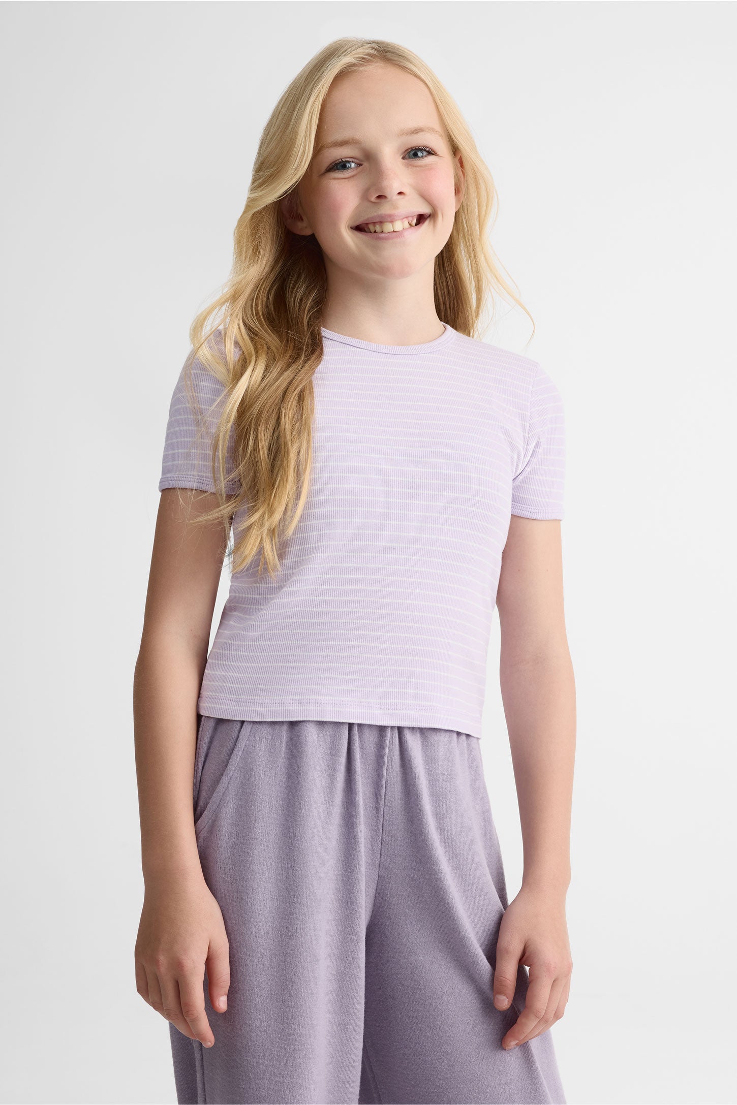 Chandail rayé manches courtes en stretch - Ado fille && LILAS MULTI