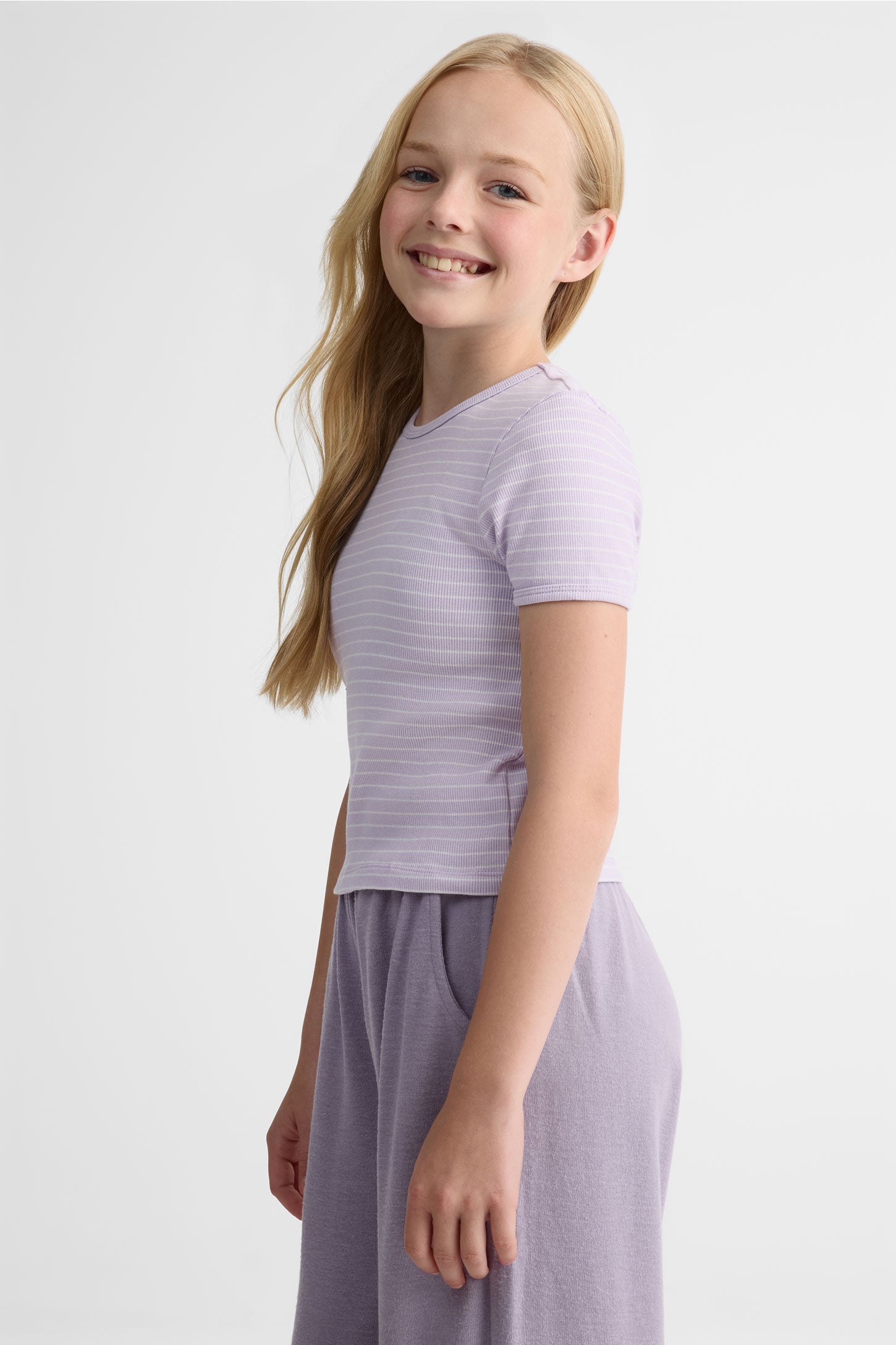 Chandail rayé manches courtes en stretch - Ado fille && LILAS MULTI
