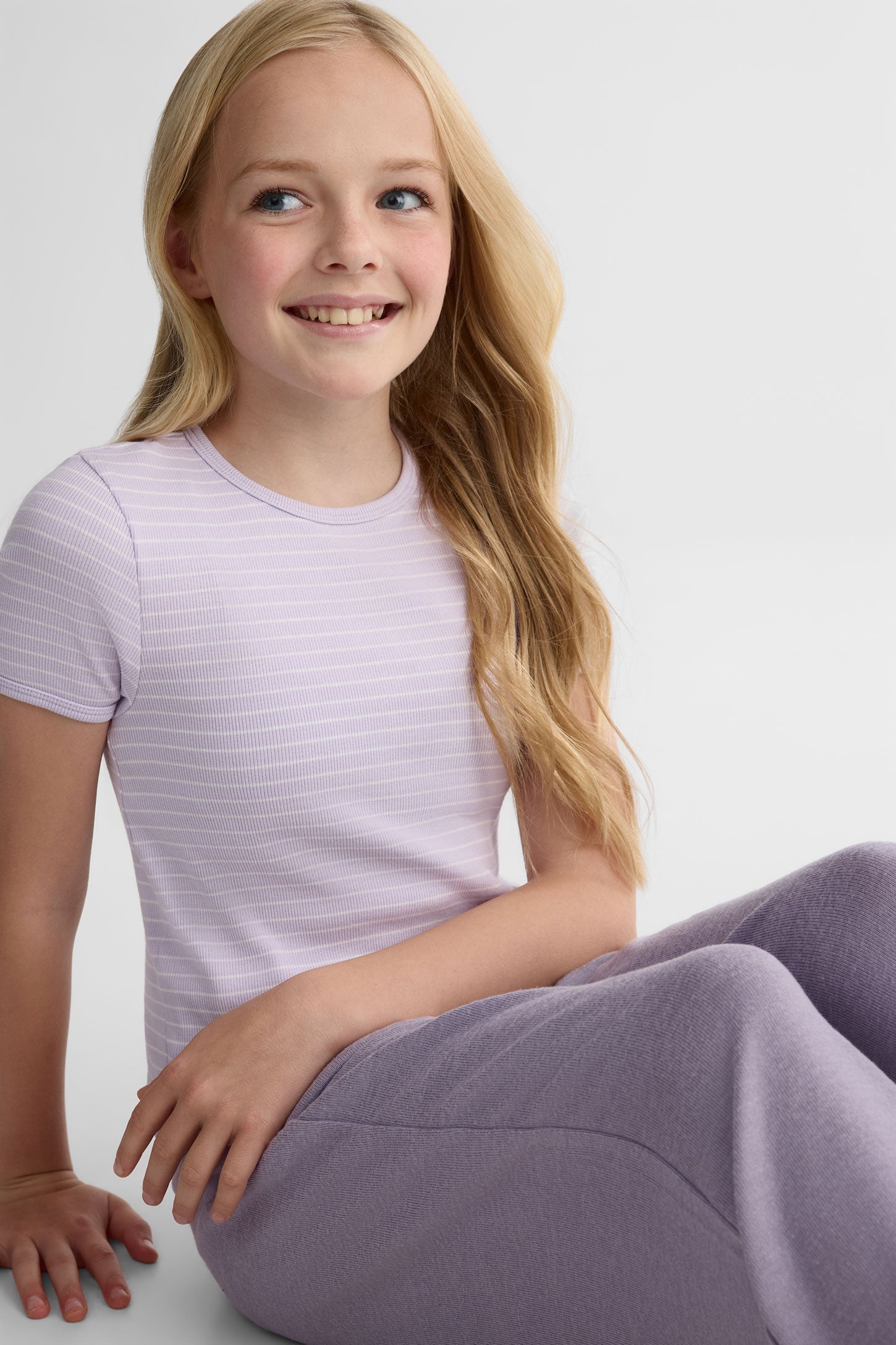 Chandail rayé manches courtes en stretch - Ado fille && LILAS MULTI