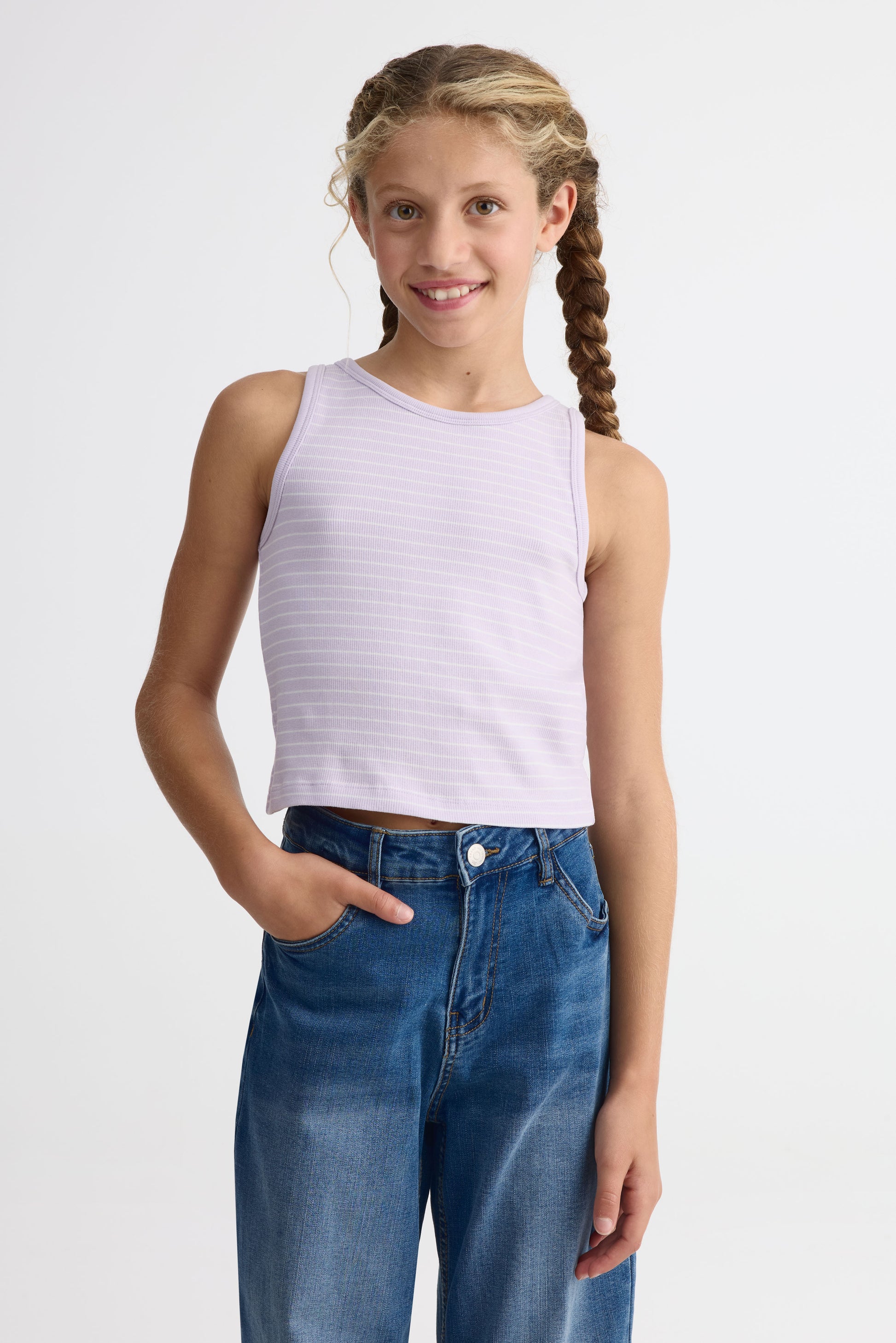 Camisole rayée courte en stretch - Ado fille && LILAS MULTI
