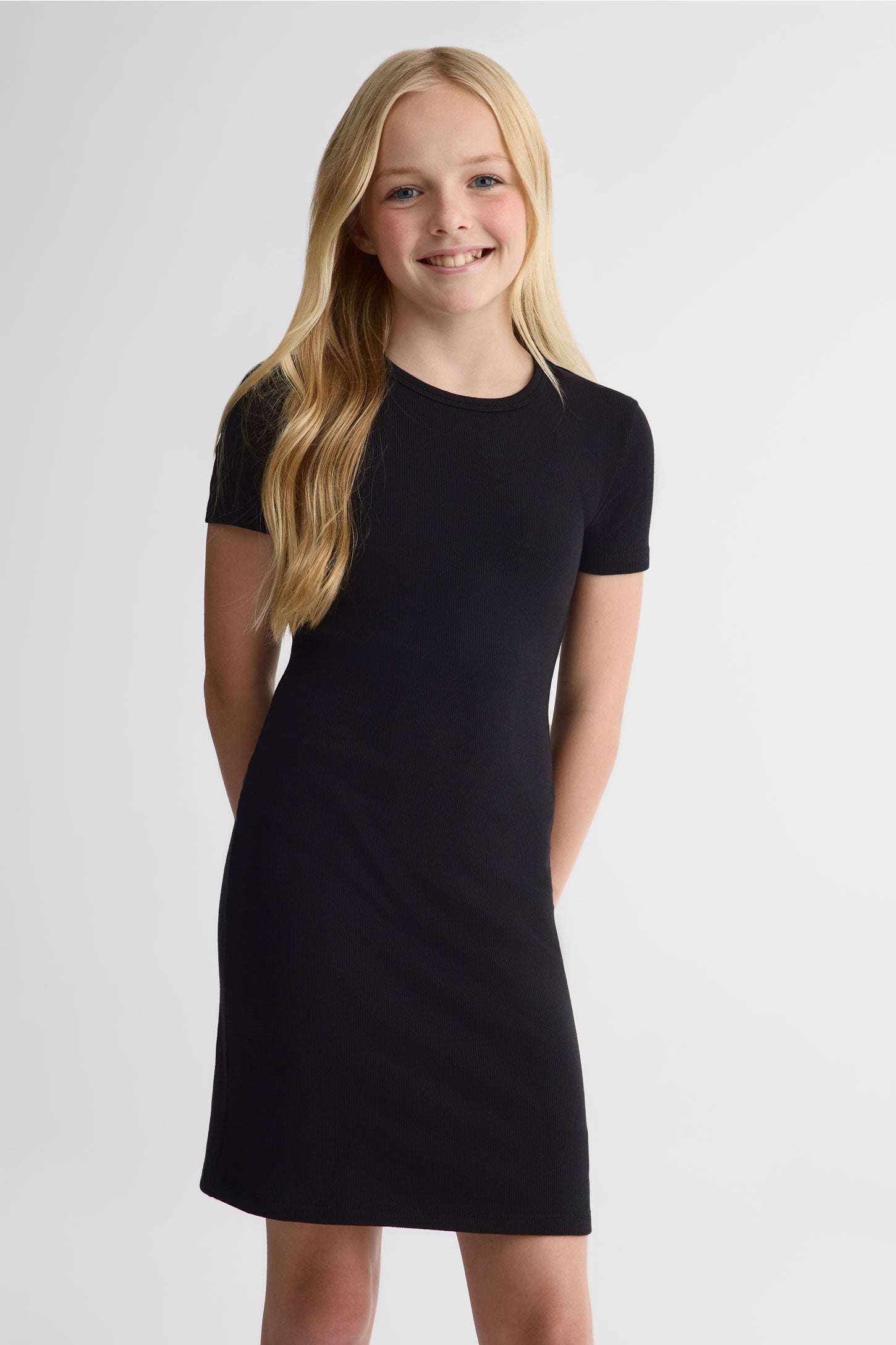 Robe m/courtes ajustée en coton stretch - Ado fille && NOIR
