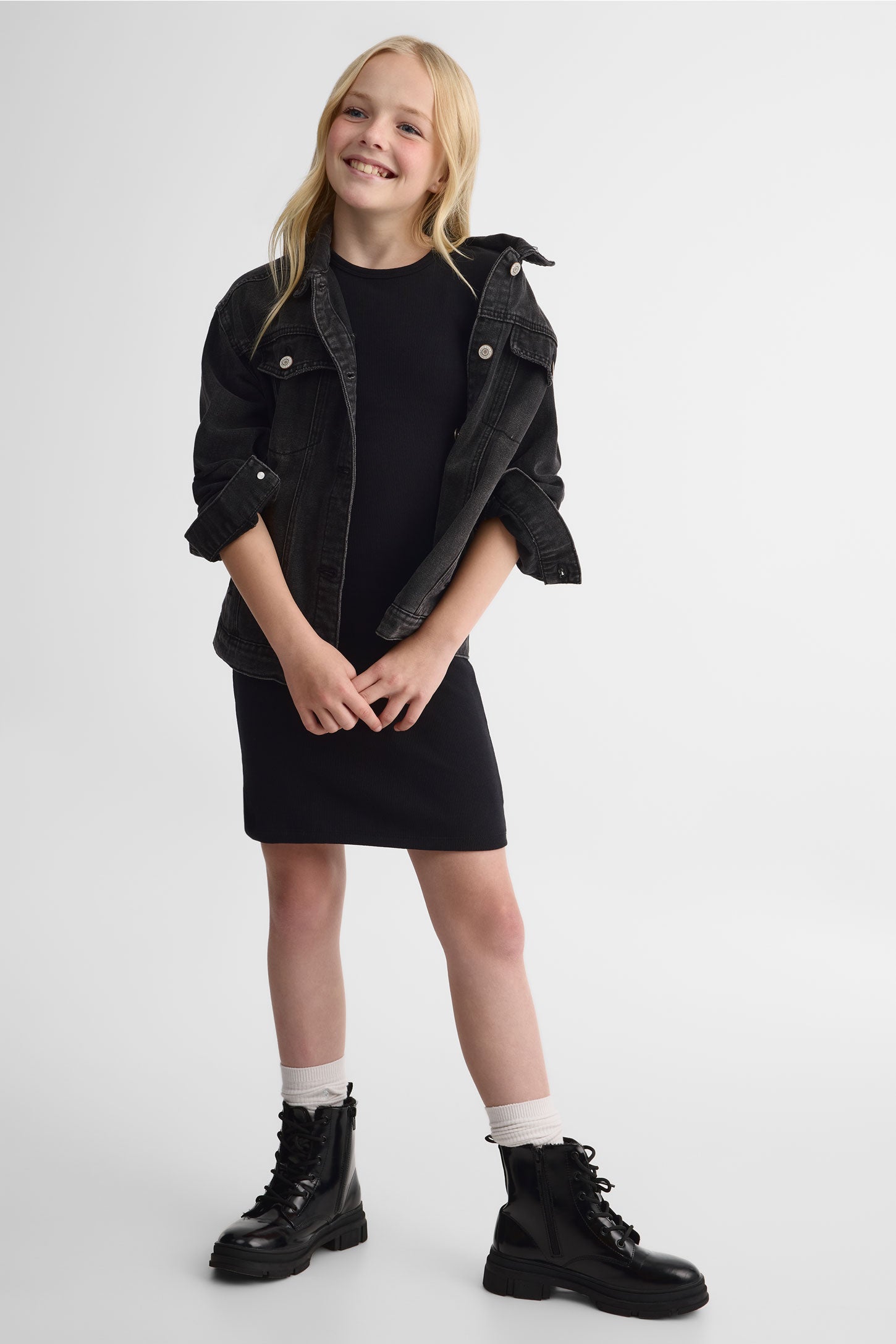 Robe m/courtes ajustée en coton stretch - Ado fille && NOIR
