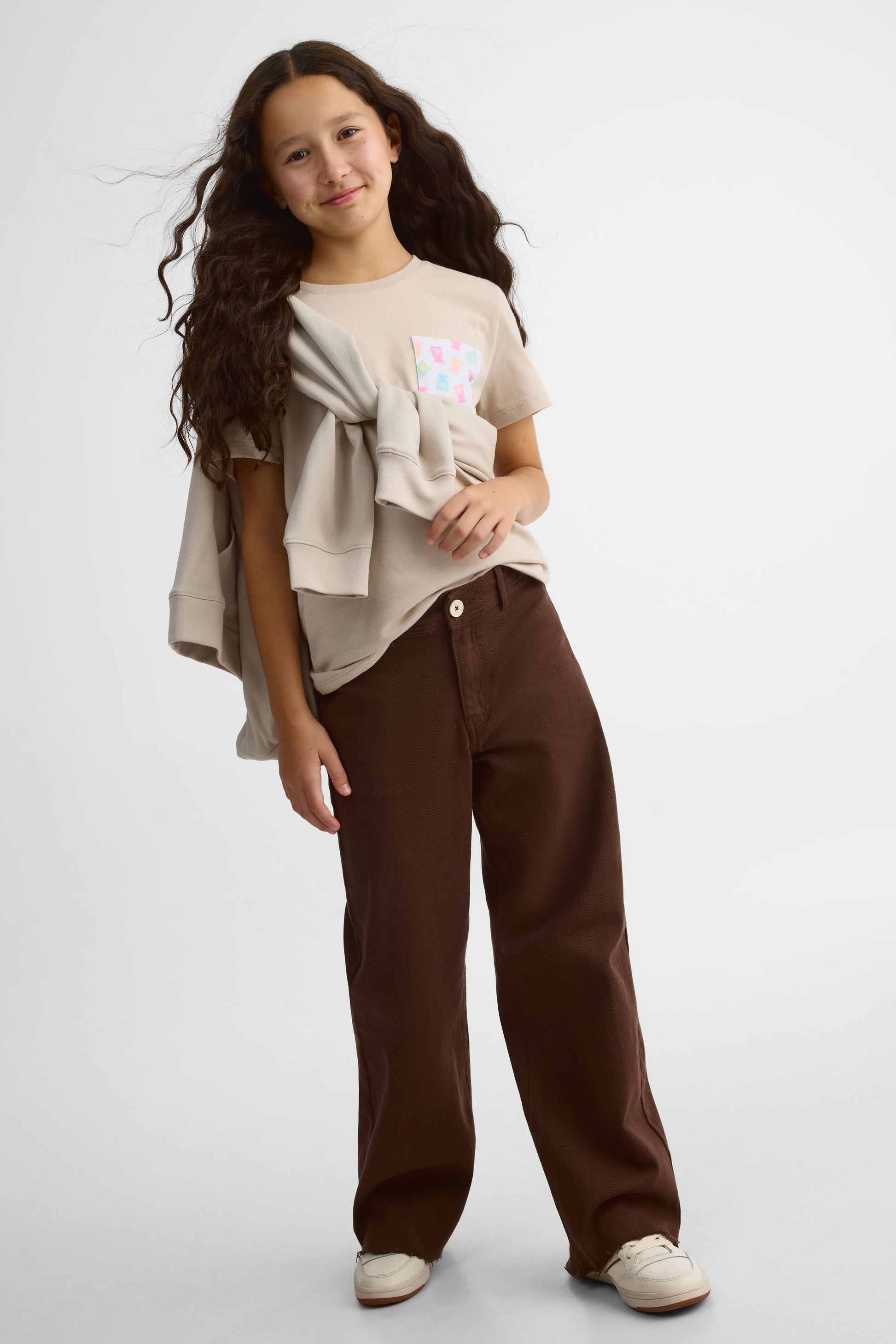 Pantalon jambe large en denim stretch - Ado fille && BRUN