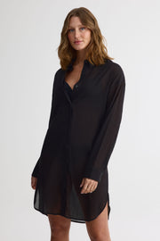 Robe chemisier maxi en coton crinkle - Femme && NOIR