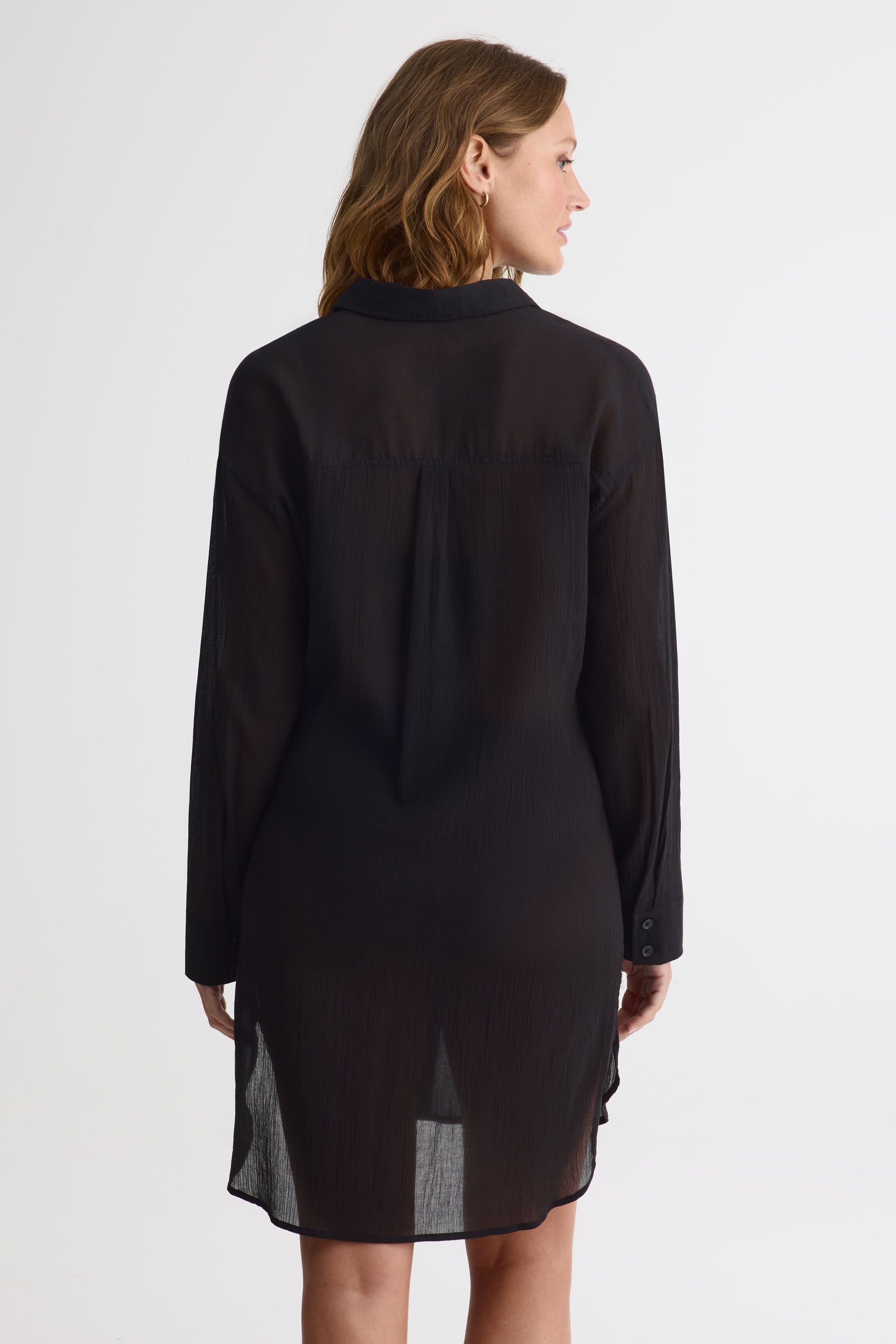 Robe chemisier maxi en coton crinkle - Femme && NOIR