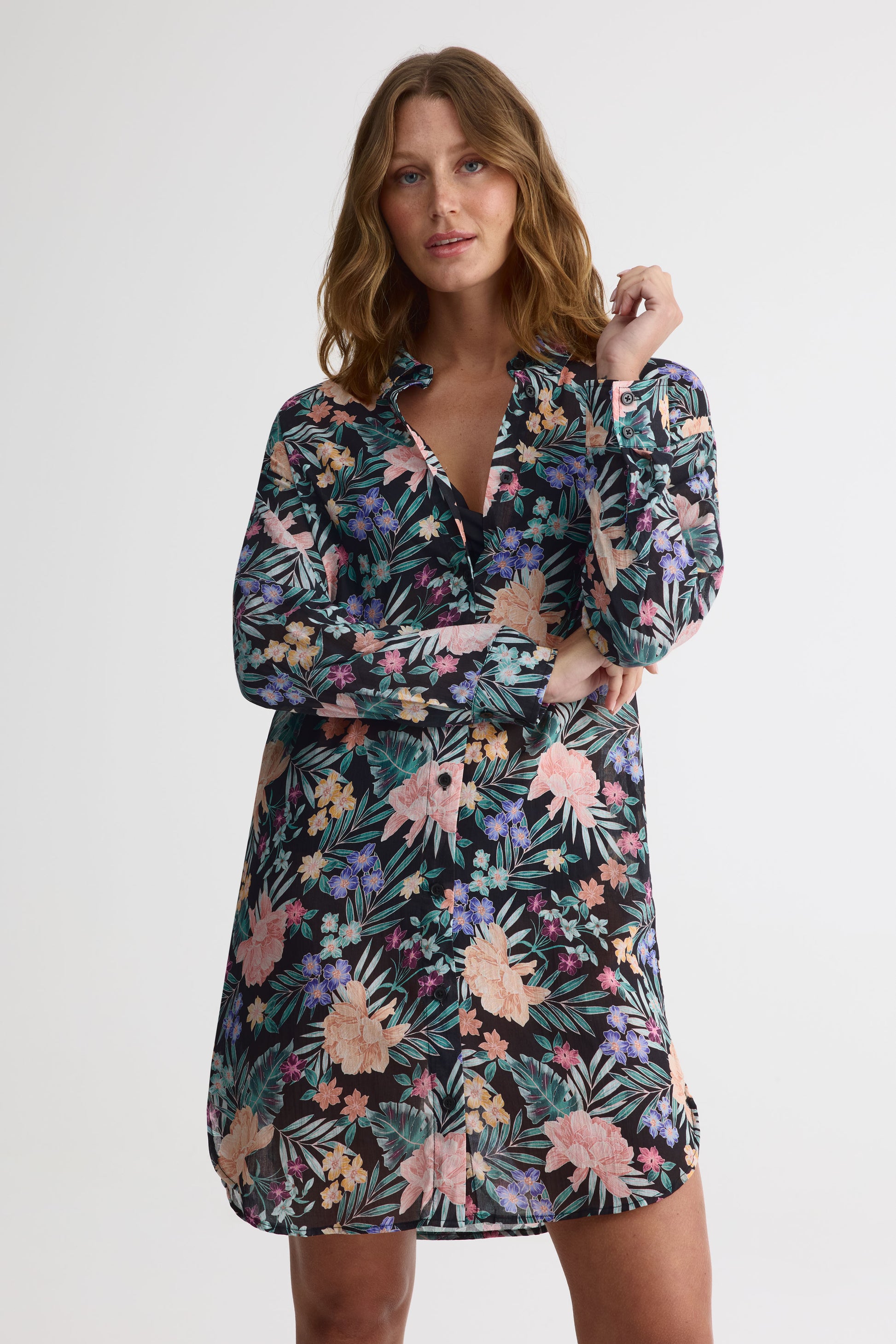 Robe chemisier maxi en coton crinkle - Femme && NOIR/MULTI
