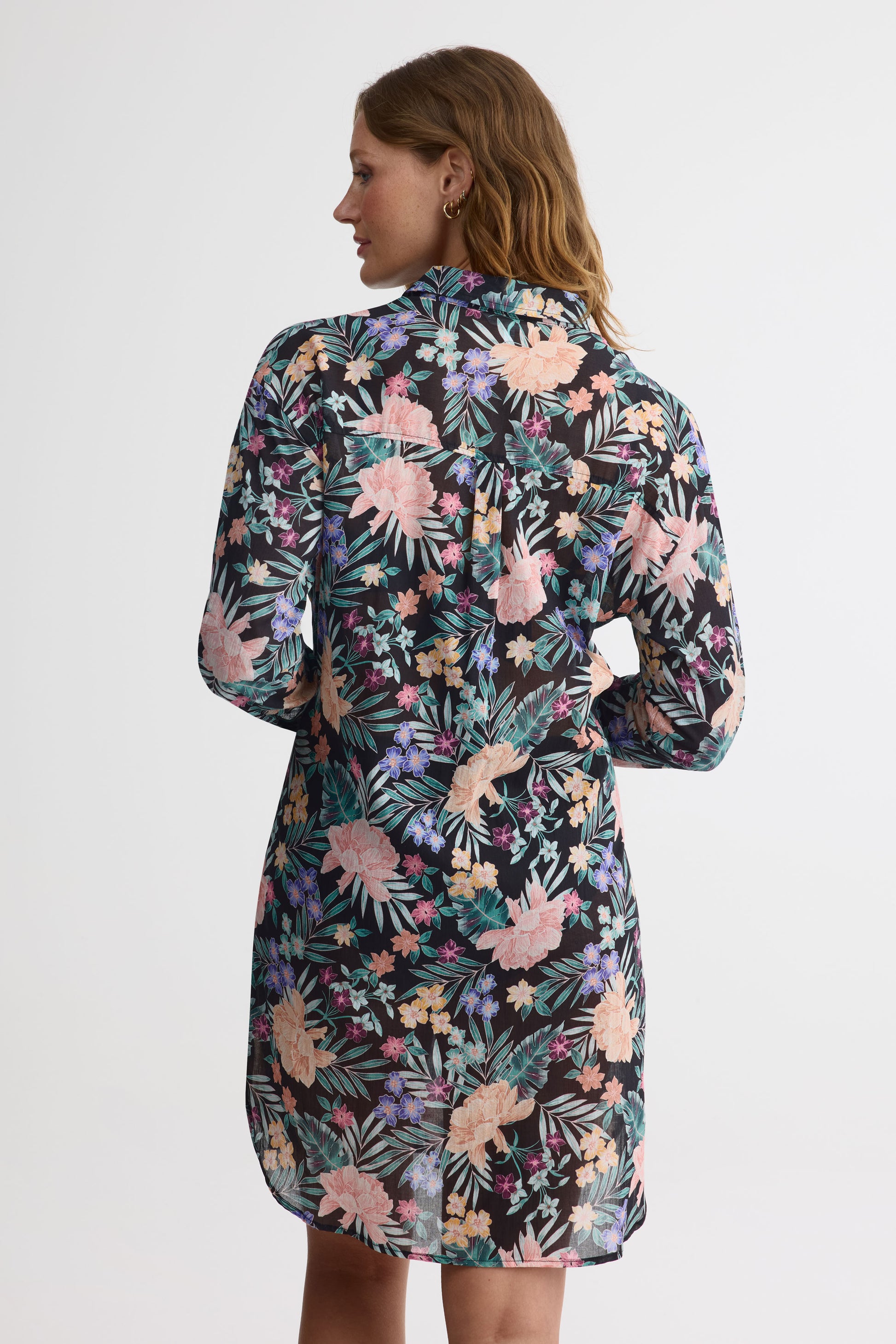 Robe chemisier maxi en coton crinkle - Femme && NOIR/MULTI