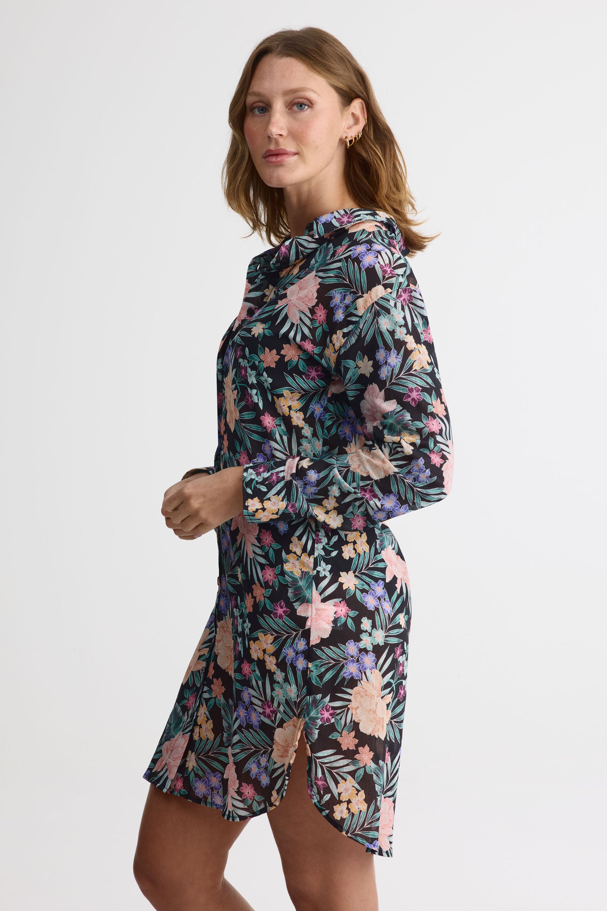 Robe chemisier maxi en coton crinkle - Femme && NOIR/MULTI