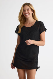 Tunique M/courtes col rond imprimé floral - Femme && NOIR