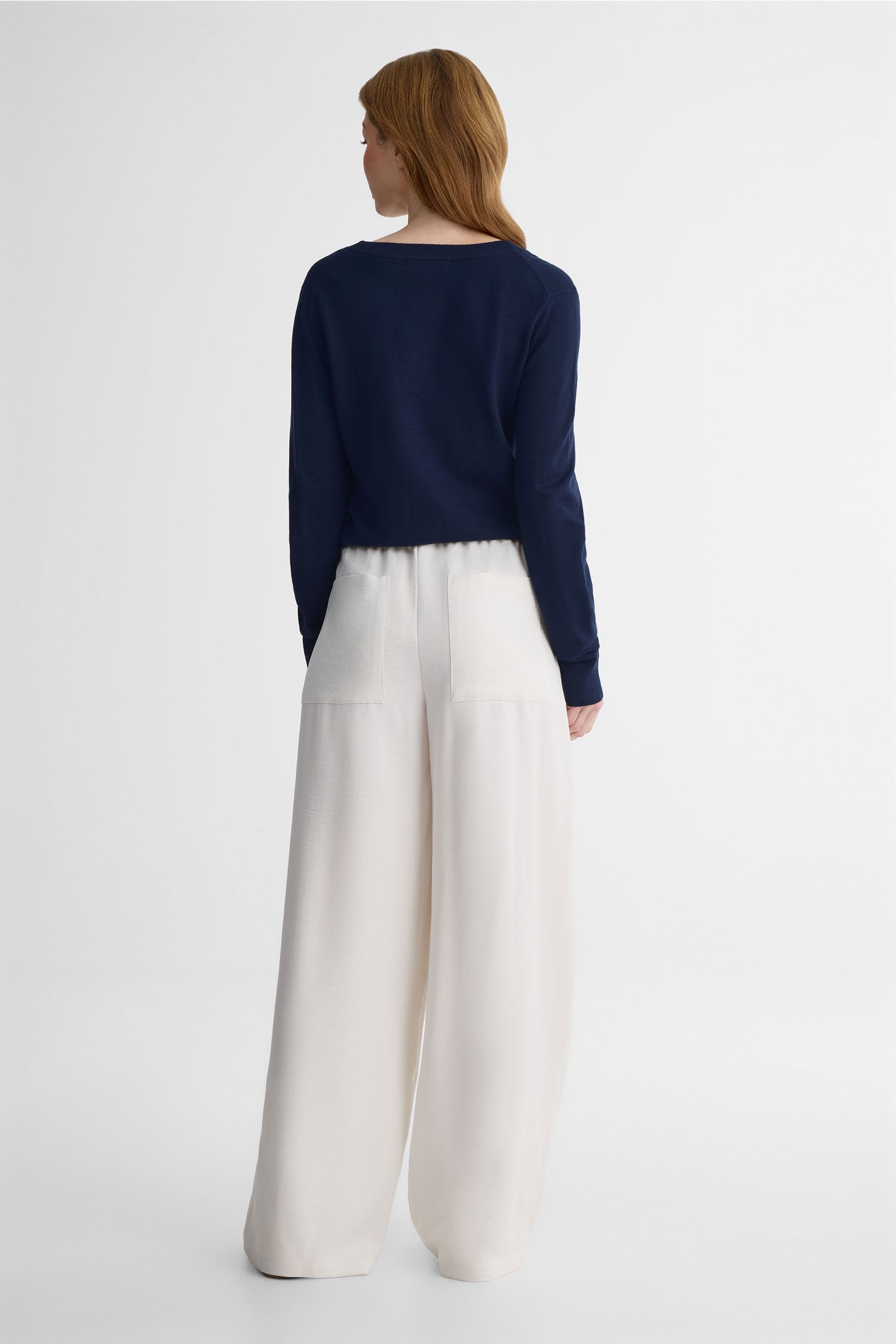 Pantalon jambe large taille haute – Femme && BLANC CASSÉ