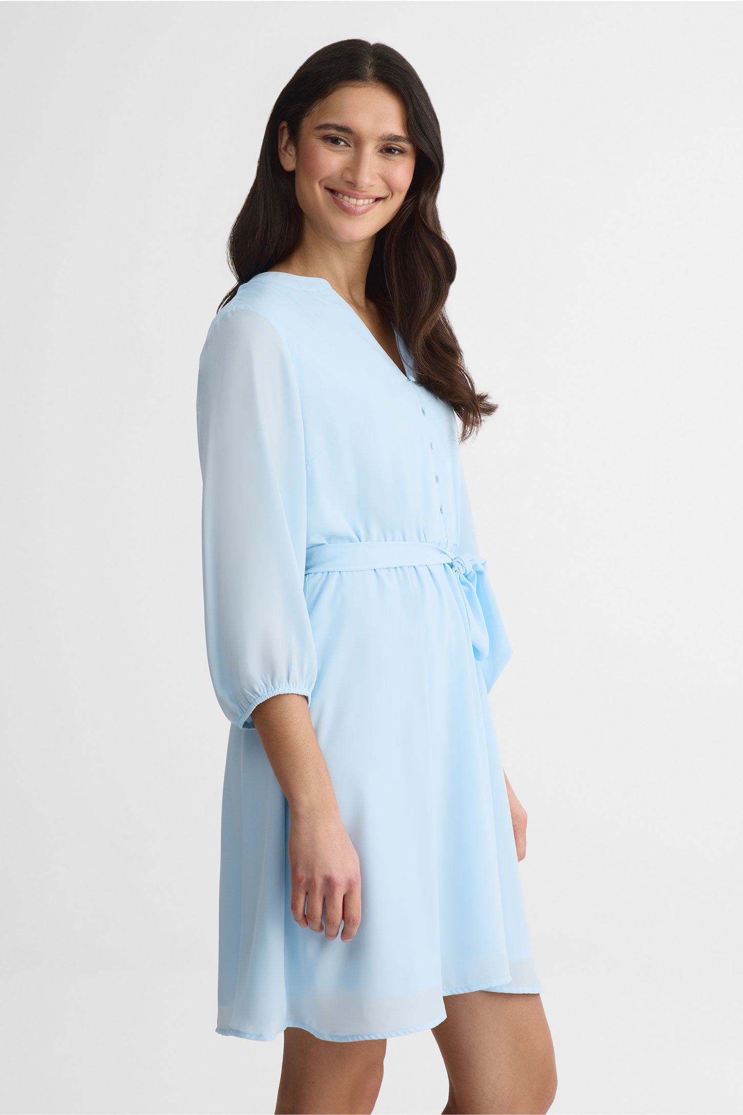 Robe longue col V avec ceinture - Femme && BLEU