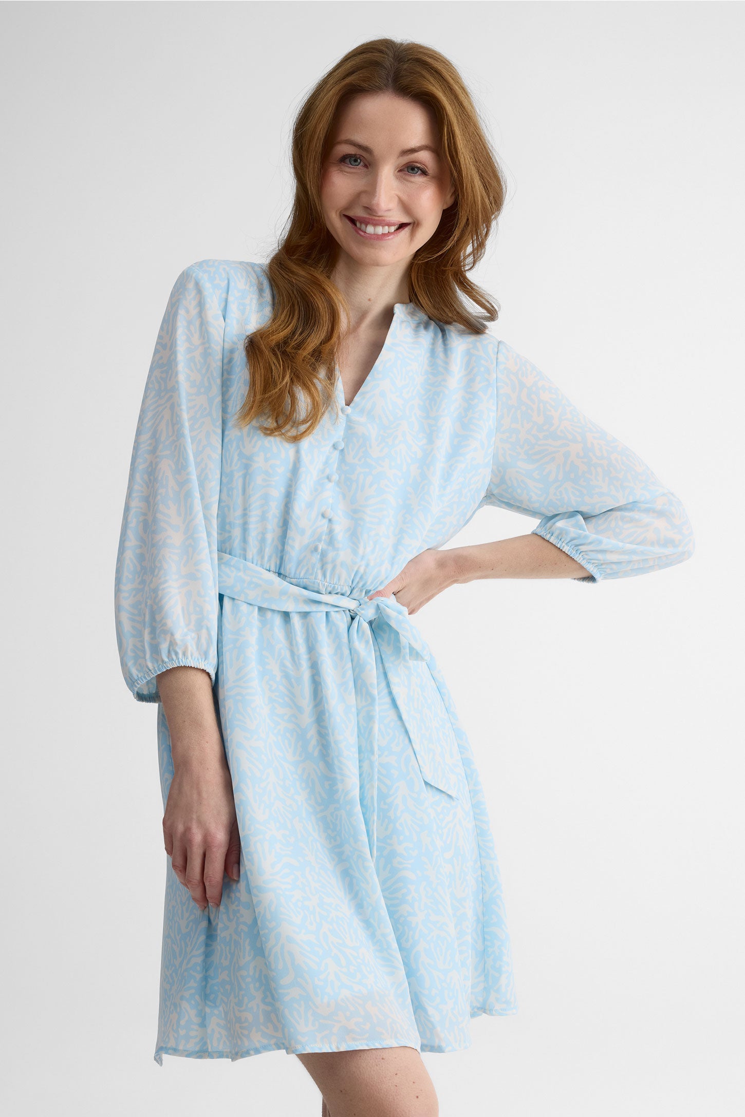 Robe longue col V avec ceinture - Femme && BLEU MULTI