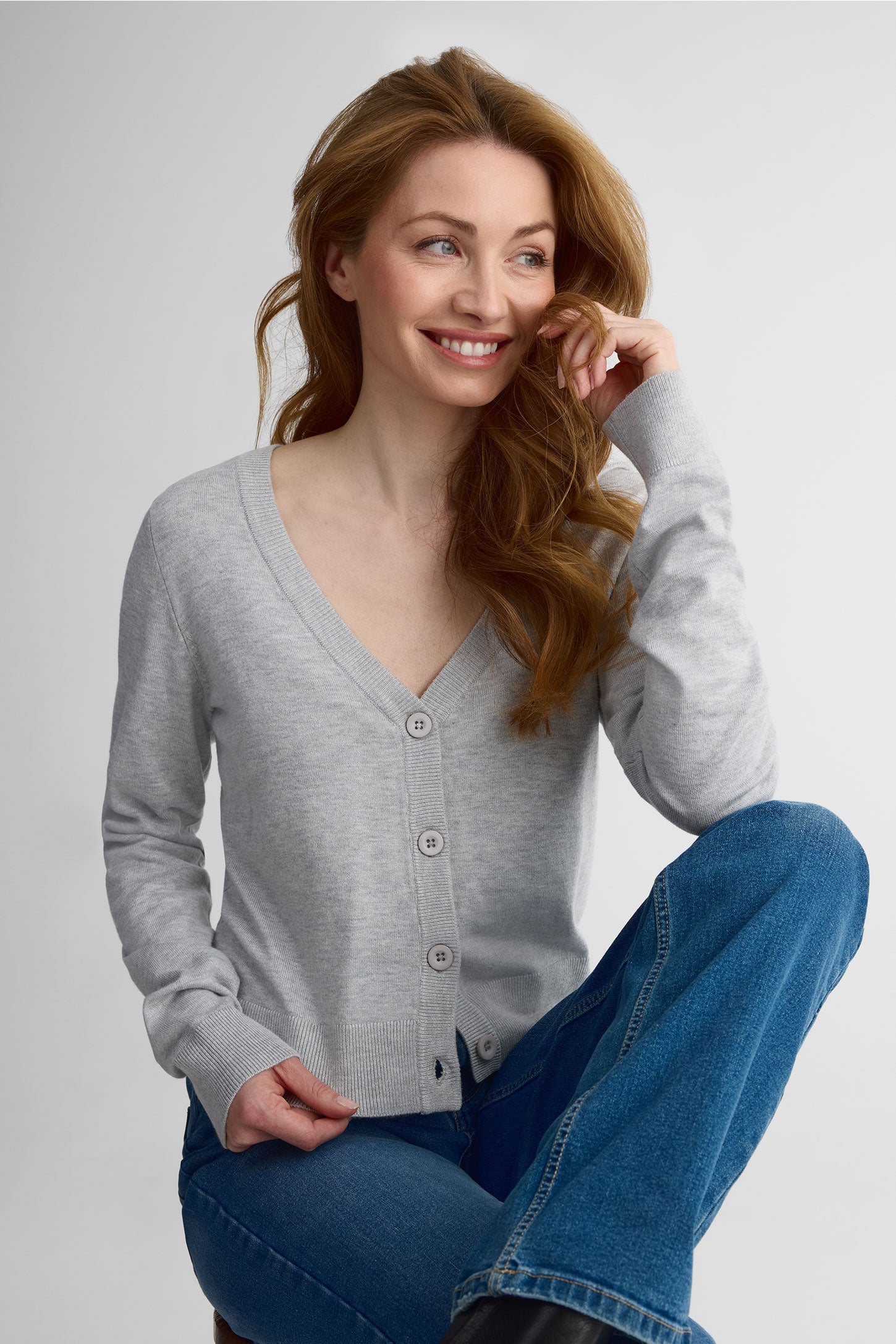 Cardigan M/longues rayé, boutons devant – Femme && GRIS MIXTE