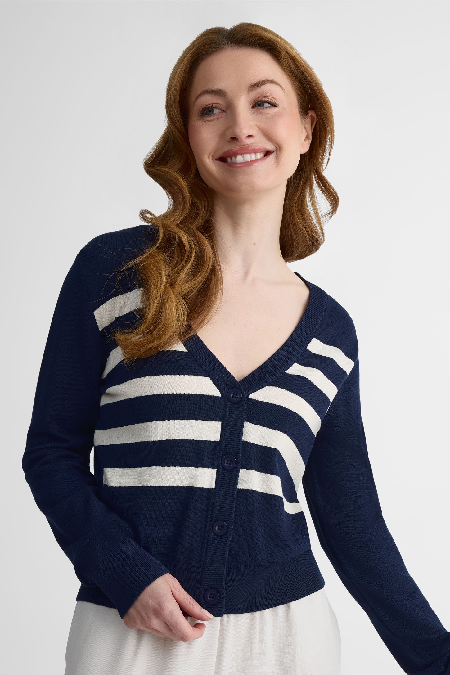 Cardigan M/longues rayé, boutons devant – Femme && MARIN/MULTI