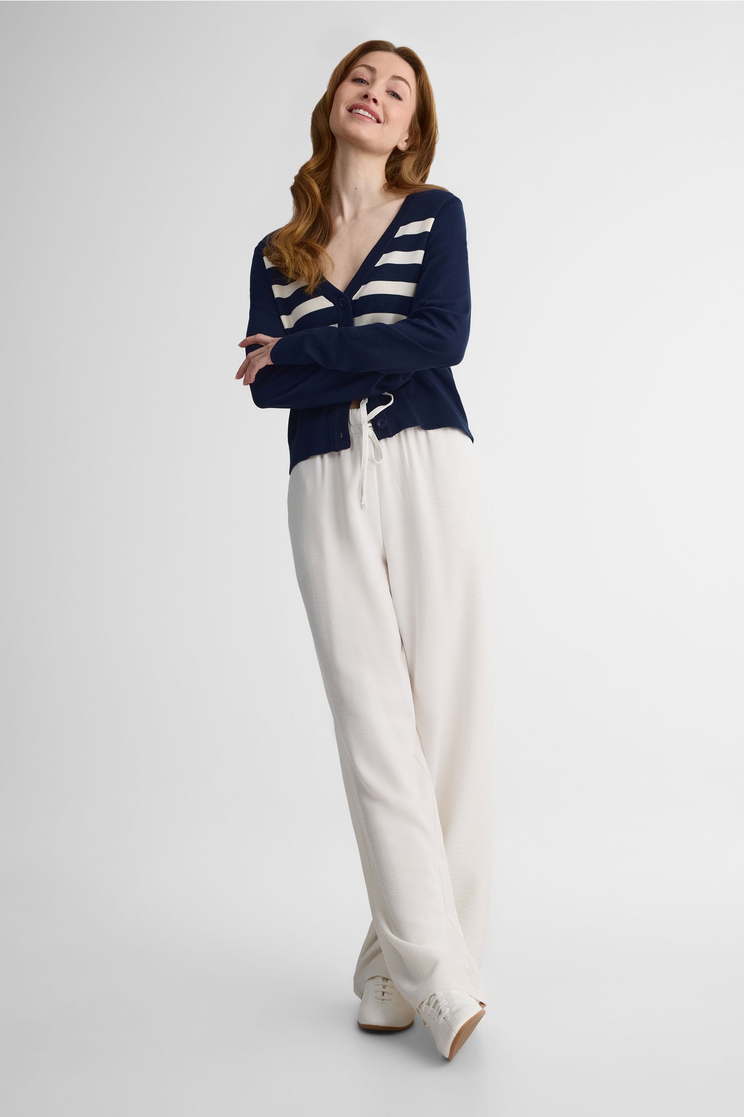 Cardigan M/longues rayé, boutons devant – Femme && MARIN/MULTI