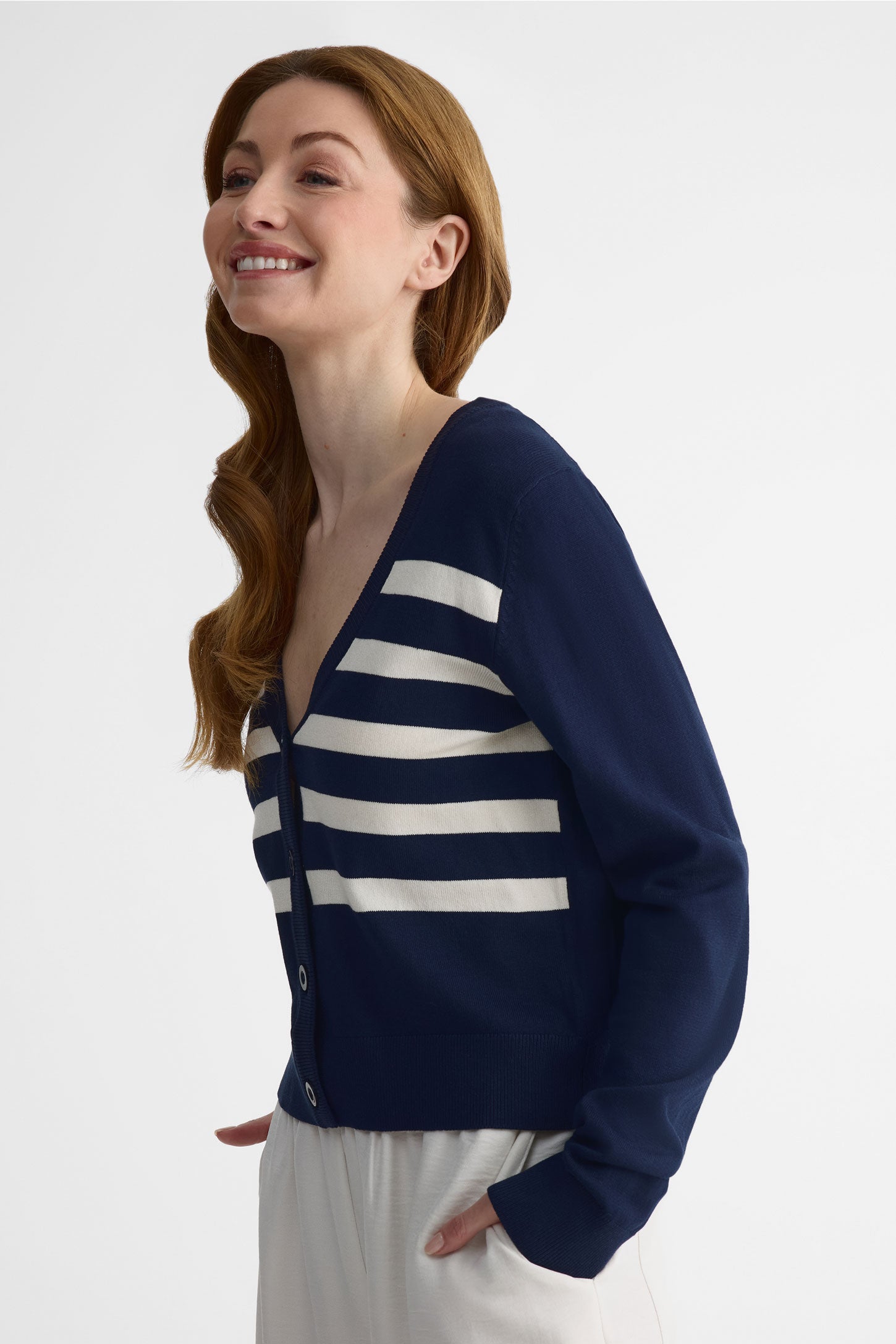 Cardigan M/longues rayé, boutons devant – Femme && MARIN/MULTI