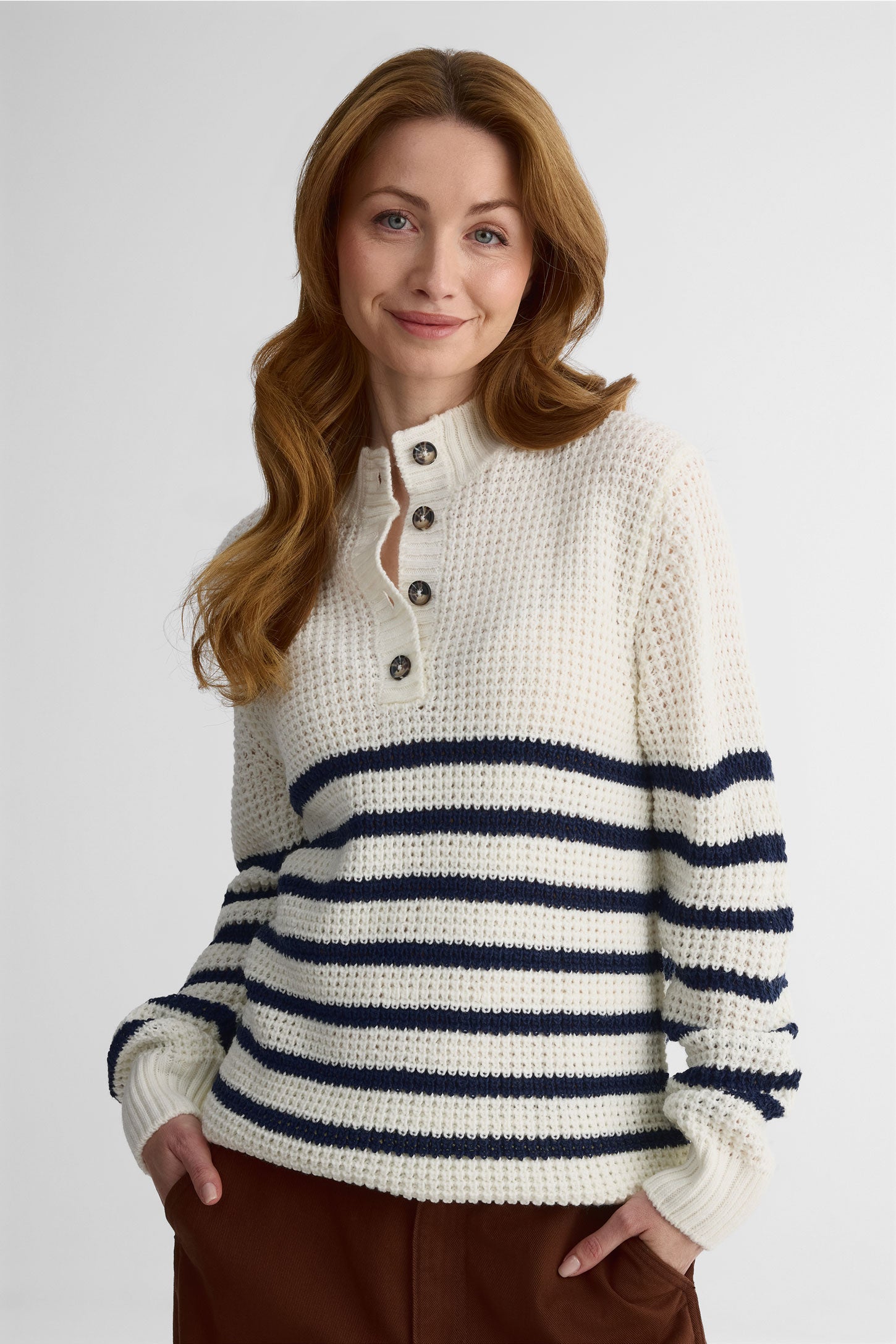 Chandail tricot col Henley à manches longues - Femme && MARIN/MULTI